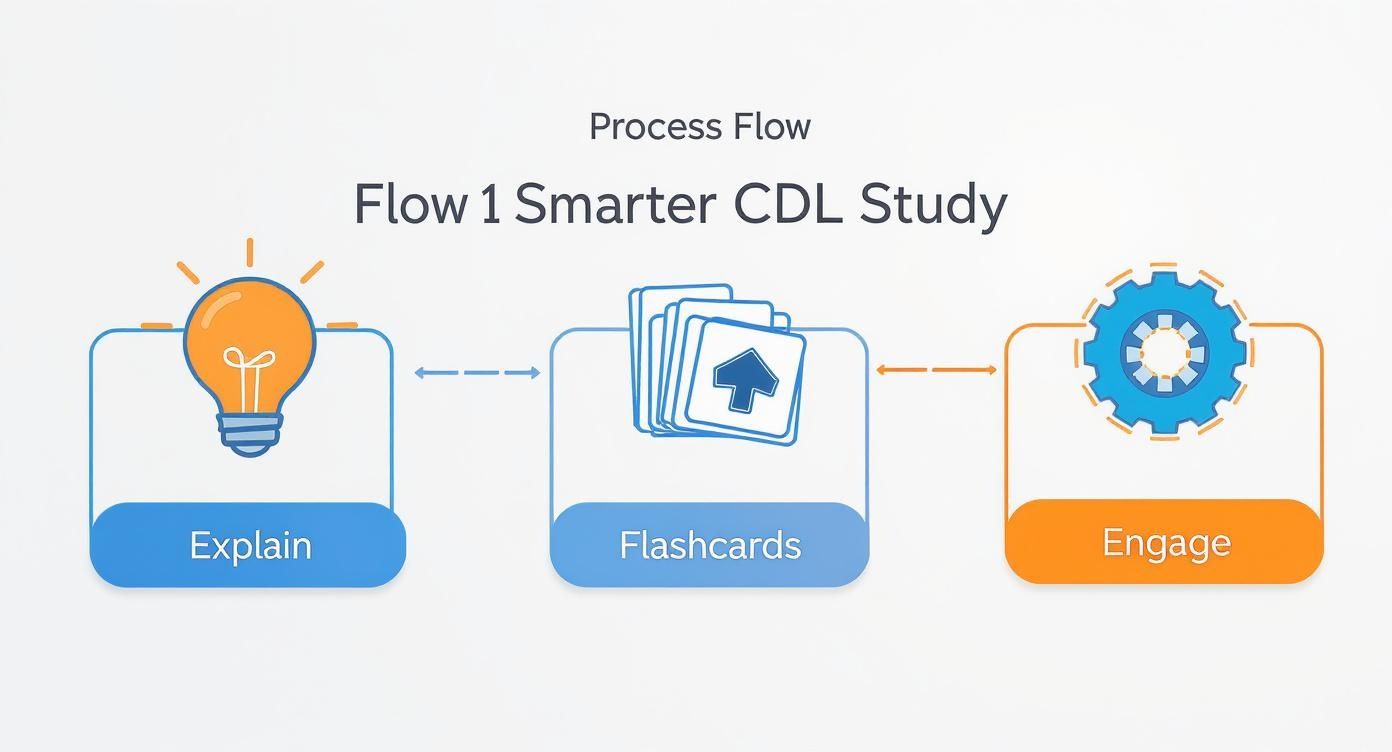 Infographic showing a three-step process for smarter CDL study, starting with explaining concepts, moving to using flashcards, and ending with engaging in practice.