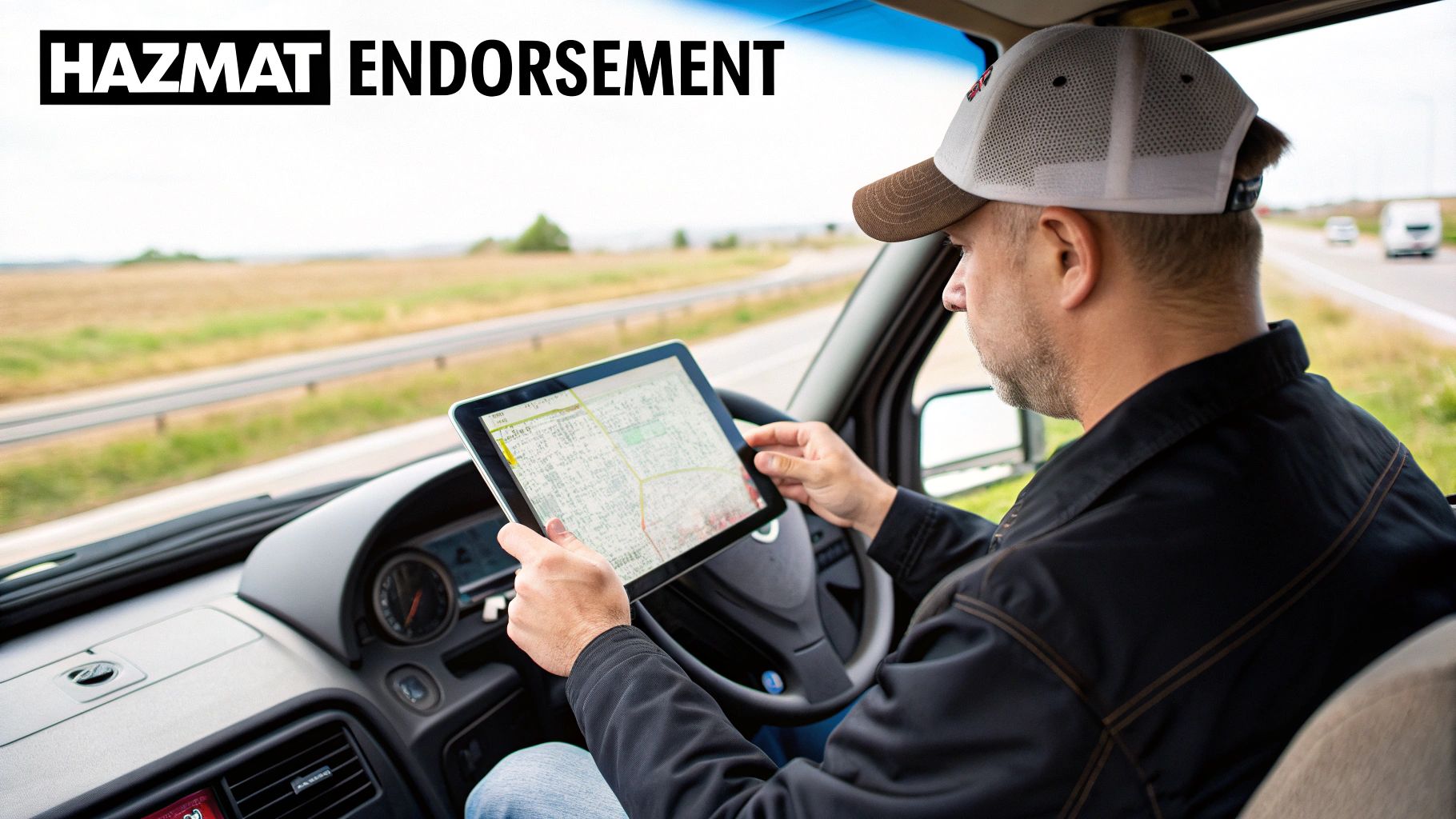 A commercial truck driving on a highway, symbolizing the journey of a hazmat-endorsed driver.