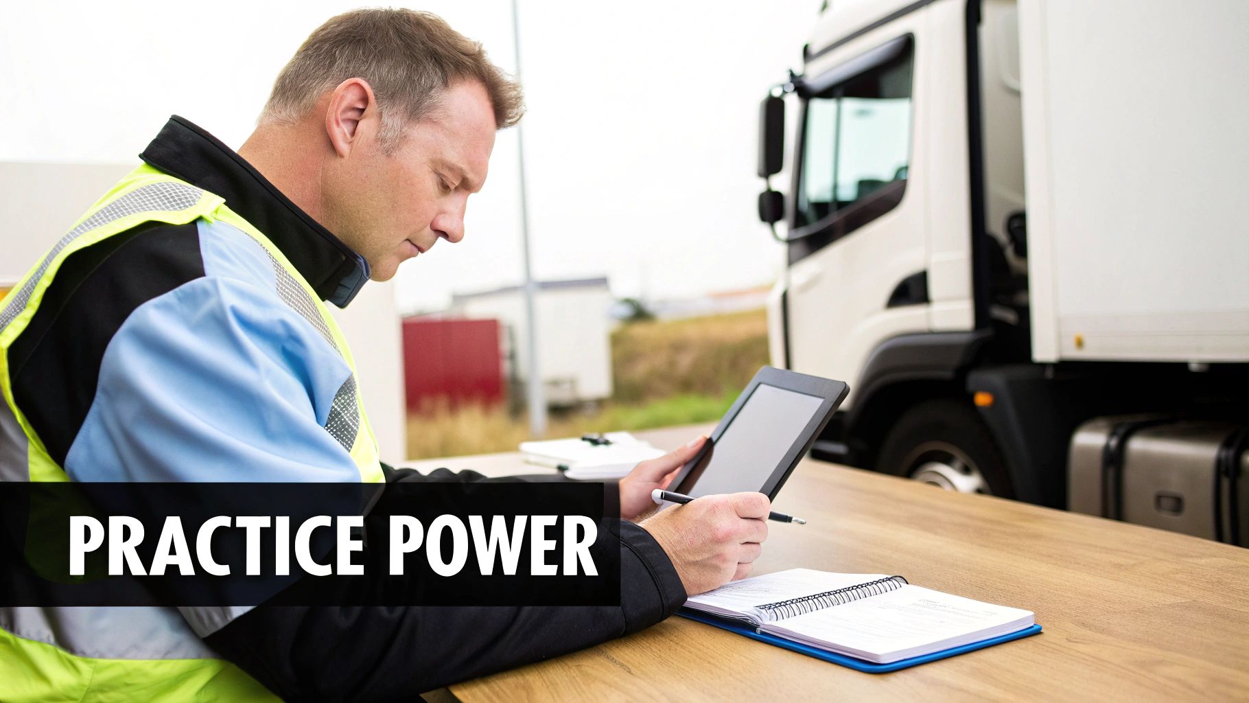 A commercial truck driver smiling confidently from the driver's seat.