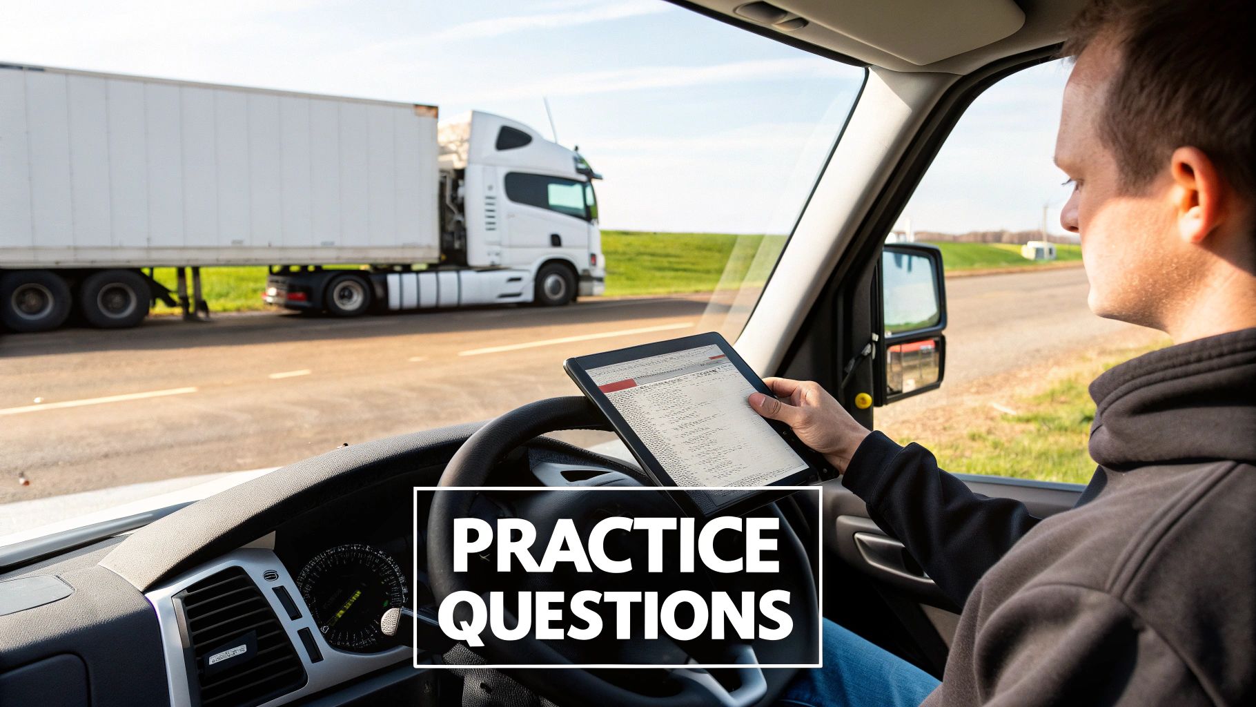 Driver reviewing paperwork next to a commercial truck