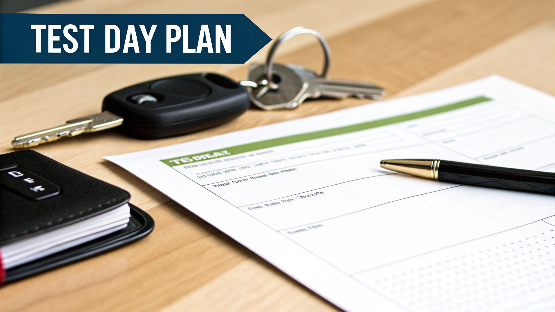 A 'Test Day Plan' banner above car and house keys, a notebook, pen, and a document.