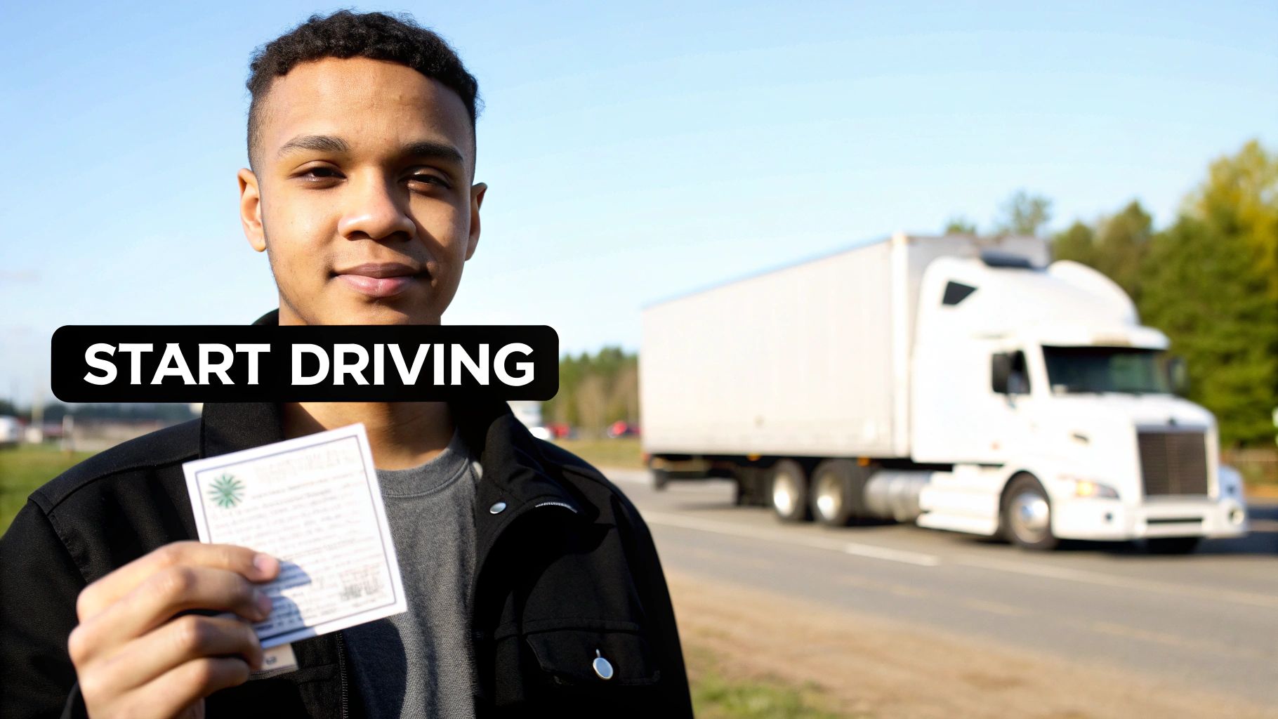 Young man holds a CDL license, ready to start driving a semi-truck on the road.