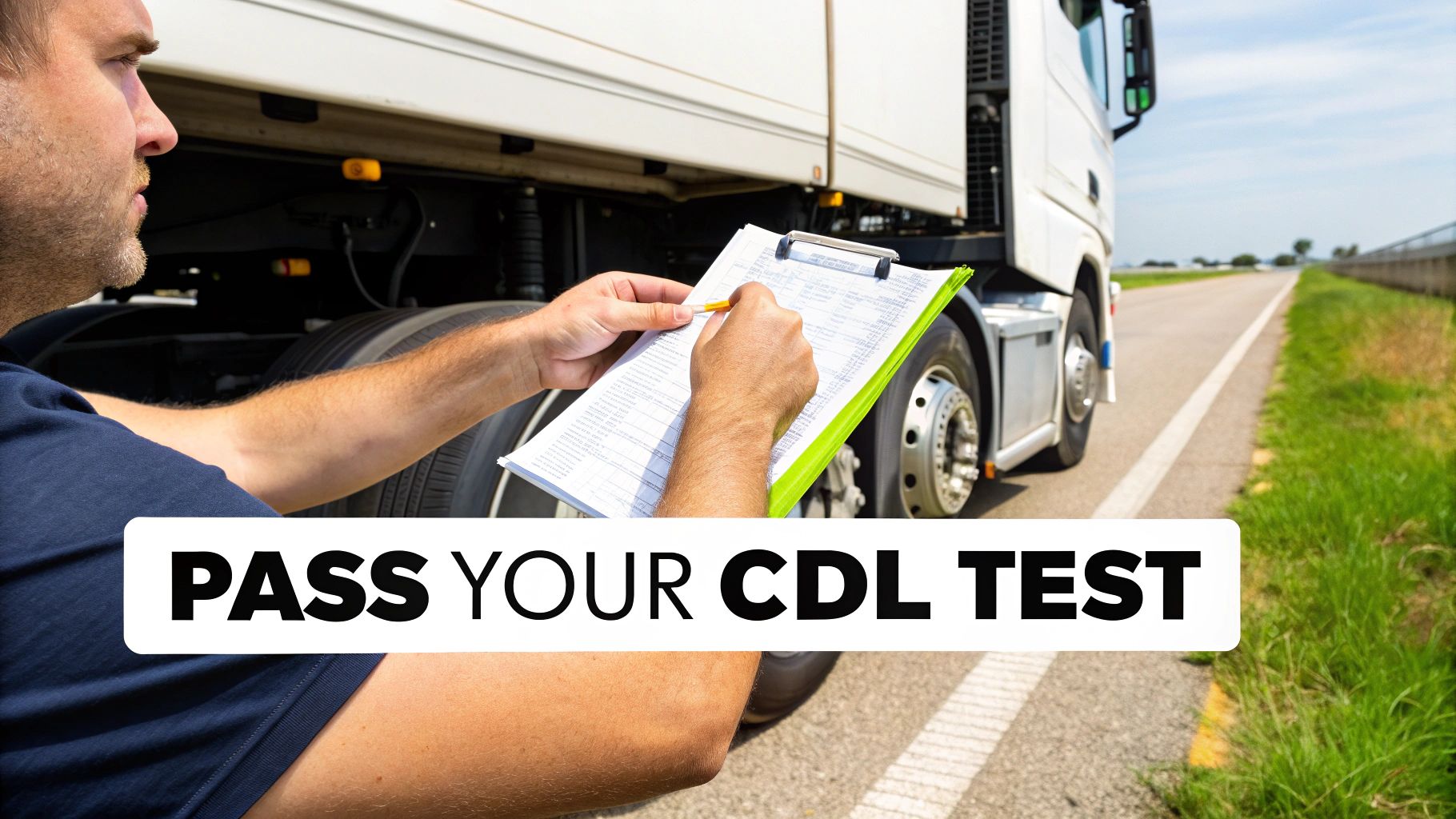 A CDL examiner observes a student performing a backing maneuver with a commercial truck.