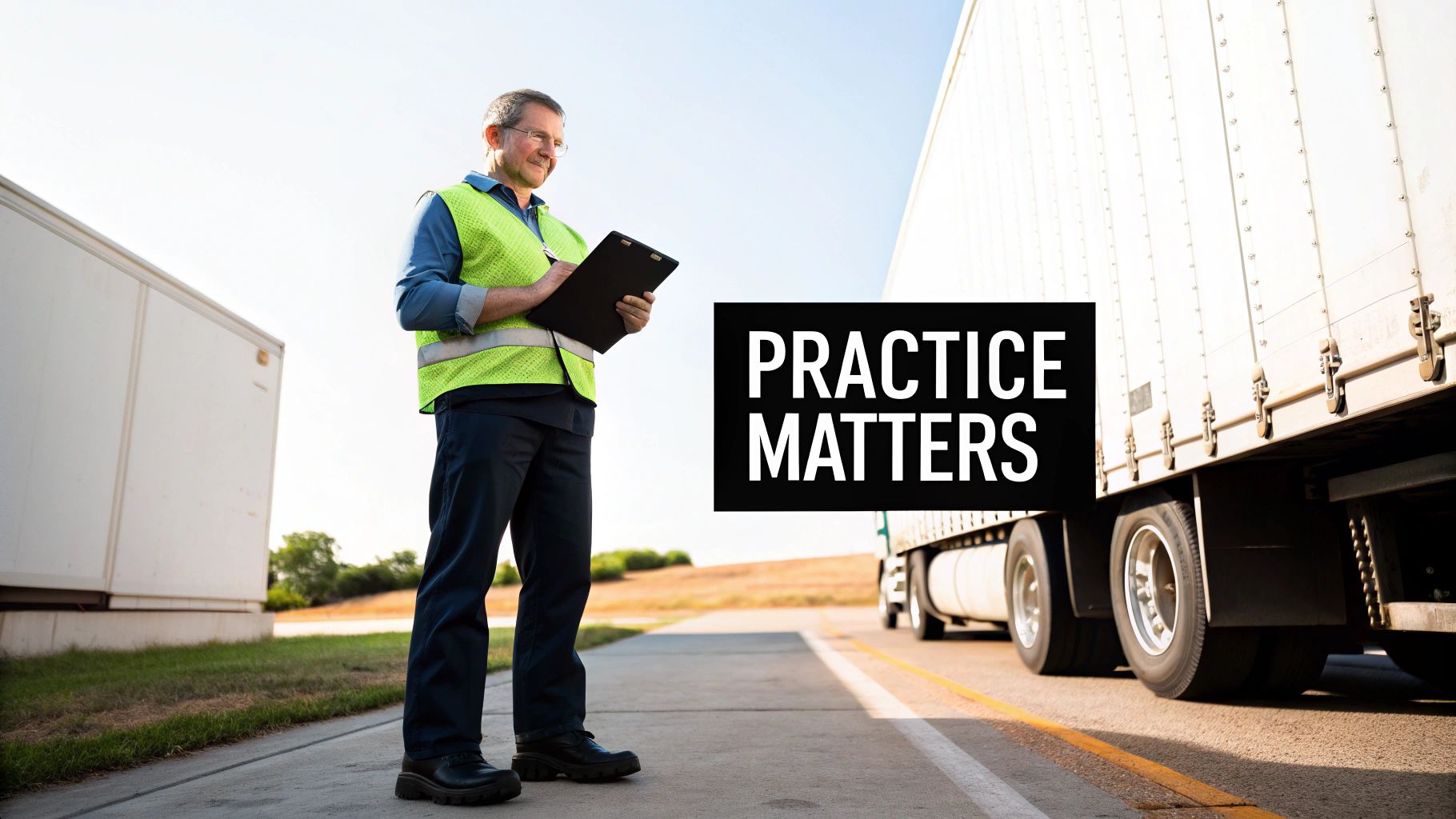 A man in a high-visibility vest inspects documents on a clipboard next to a large truck.