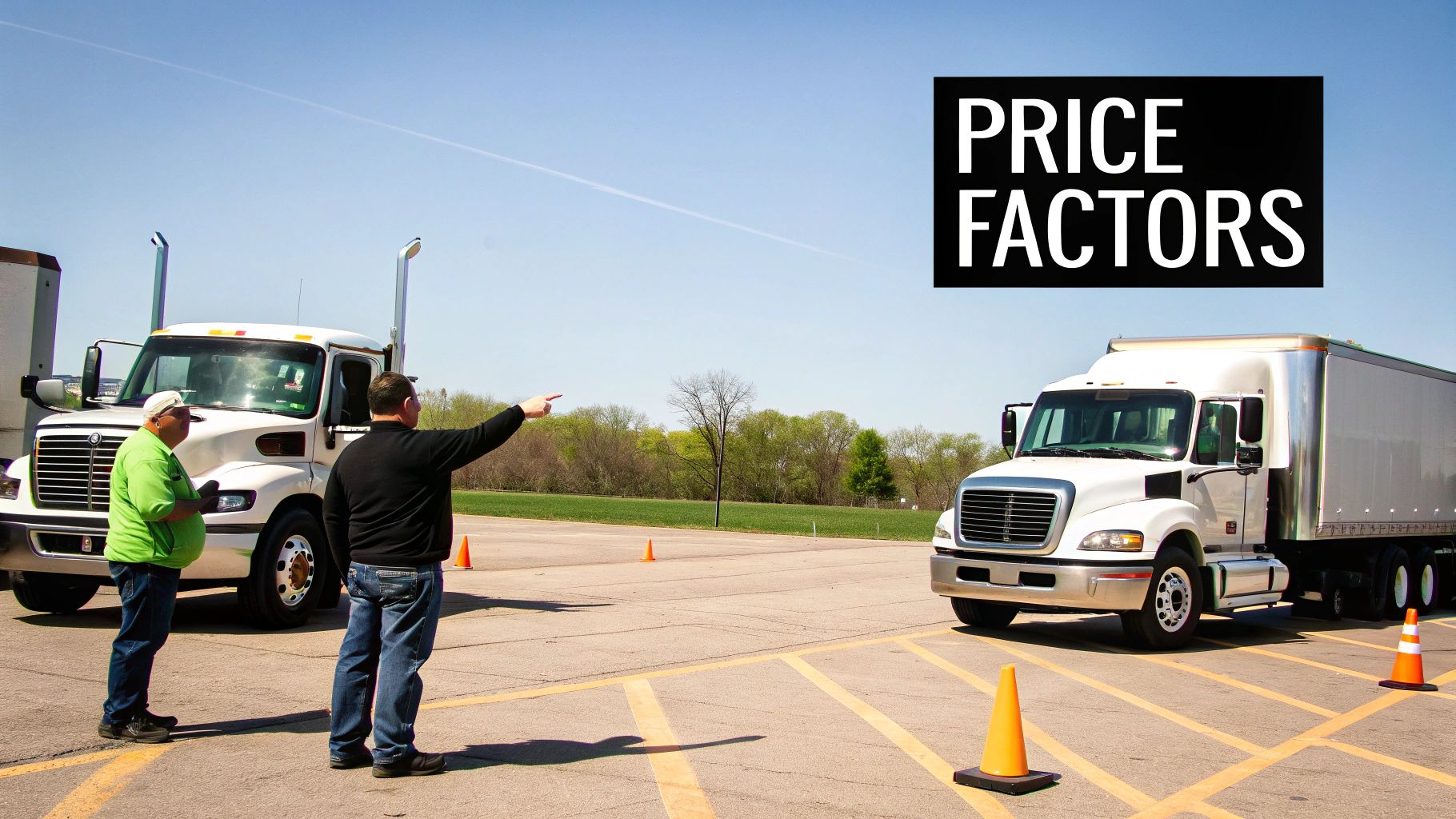 Two men with semi-trucks and orange cones in a parking lot, one pointing, under a "PRICE FACTORS" sign.