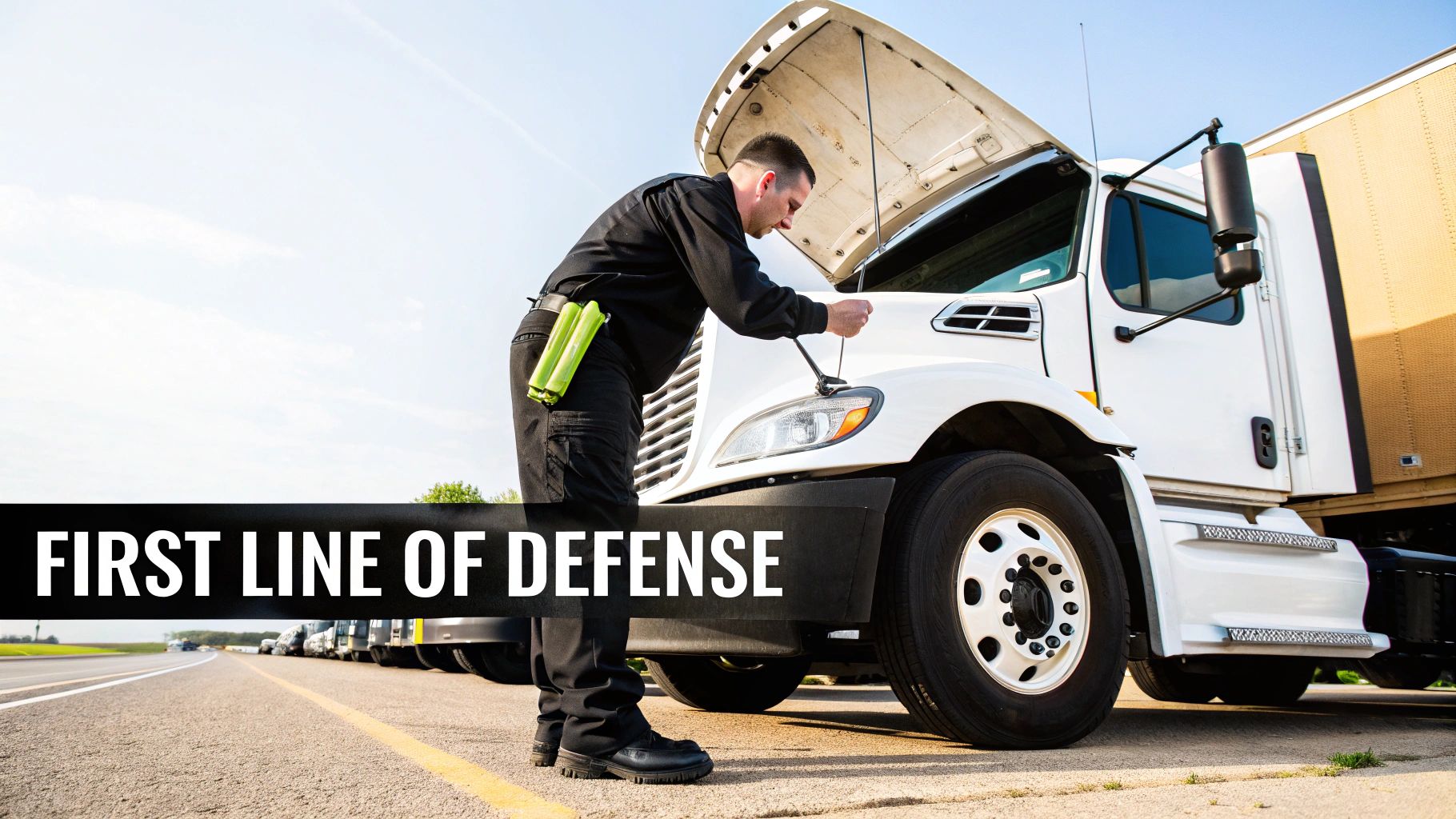 A commercial truck driver performing a pre-trip inspection on the engine of his semi-truck.