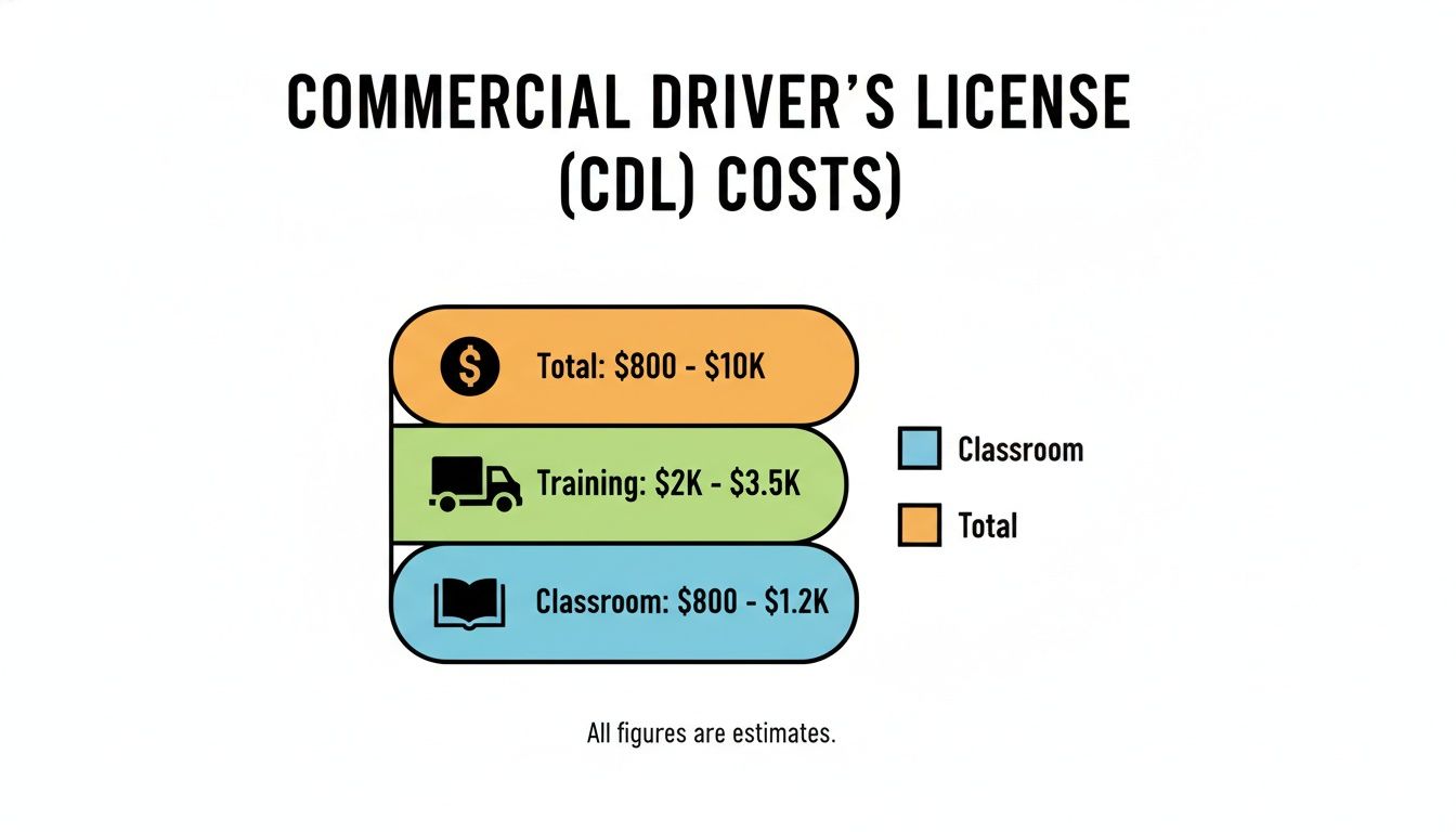 Infographic details Commercial Driver's License (CDL) costs, including total, training, and classroom expenses.