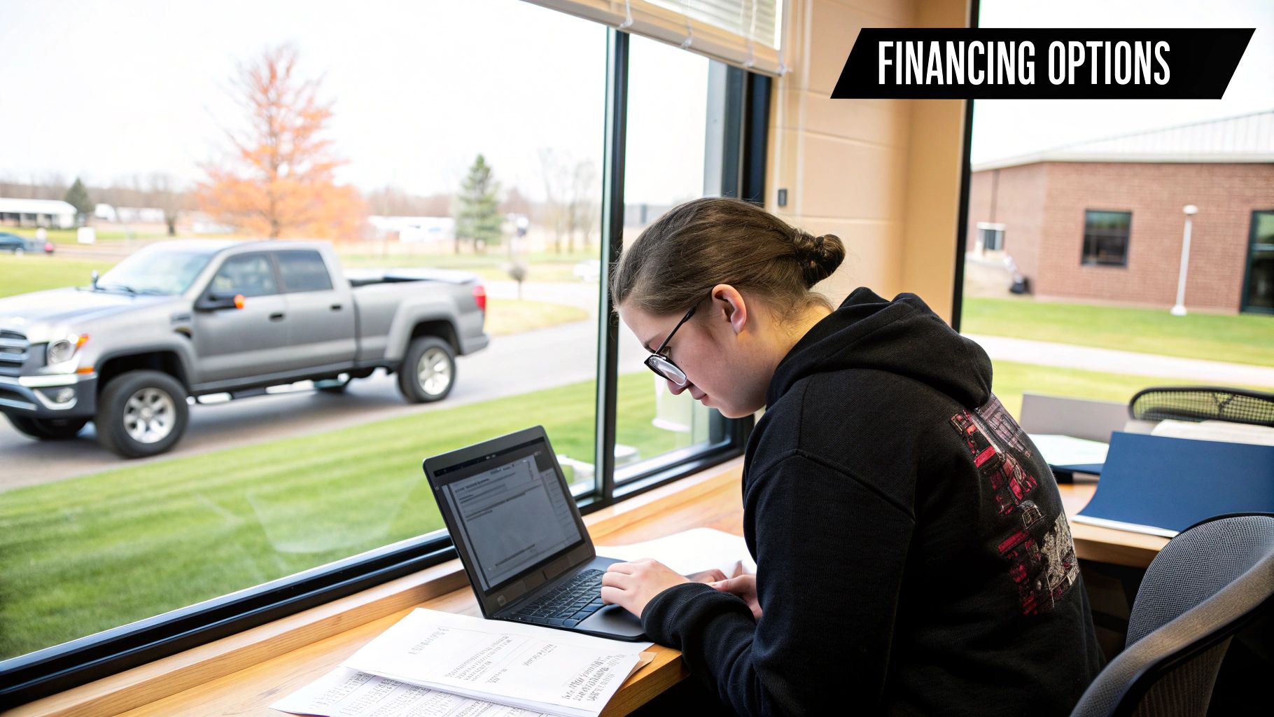A student driver and instructor inside a truck cab, with the instructor pointing forward.