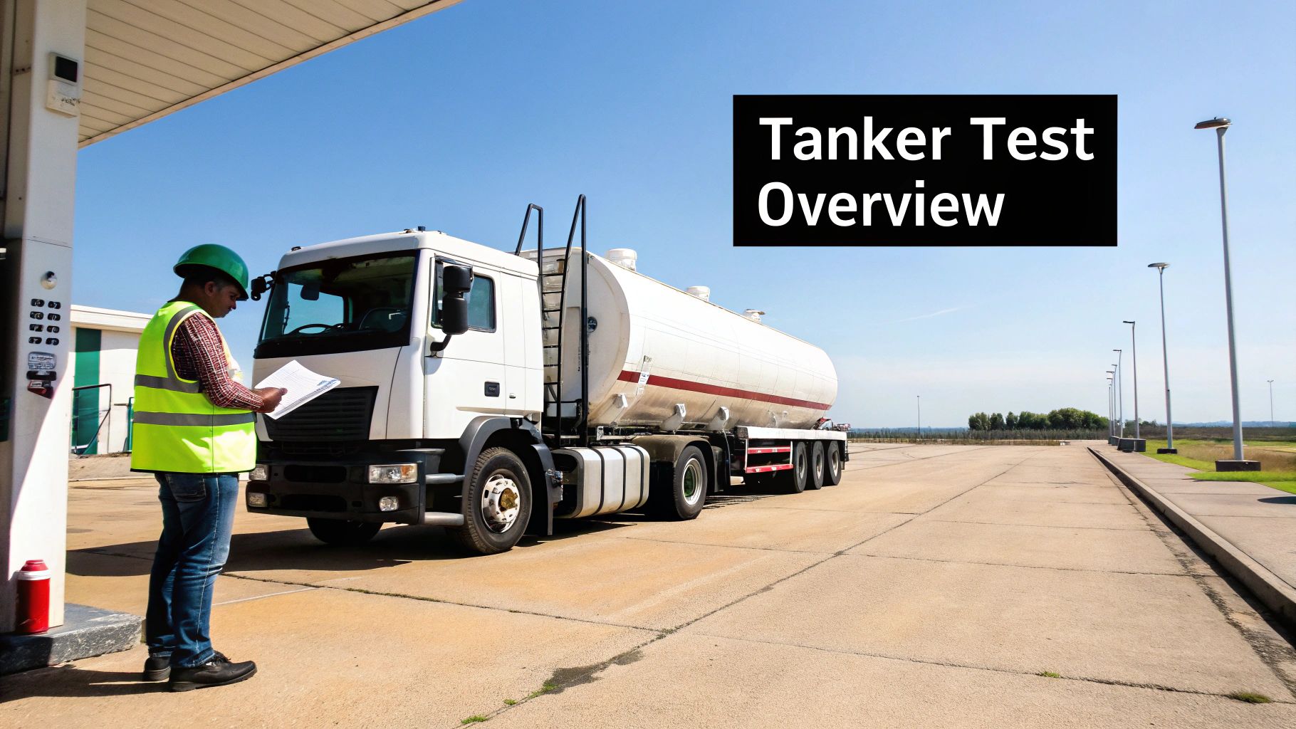 A person in a hard hat and safety vest inspecting documents next to a large white tanker truck.