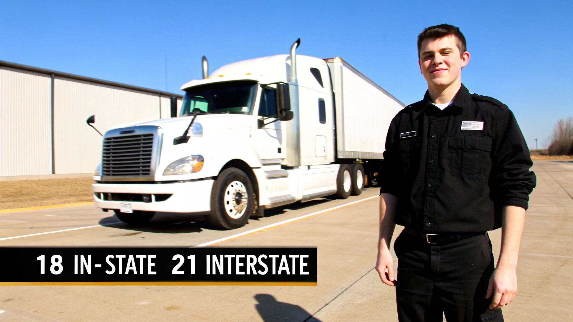 A young man in a black uniform smiles next to a white semi-truck, with an overlay '18 IN-STATE 21 INTERSTATE'.