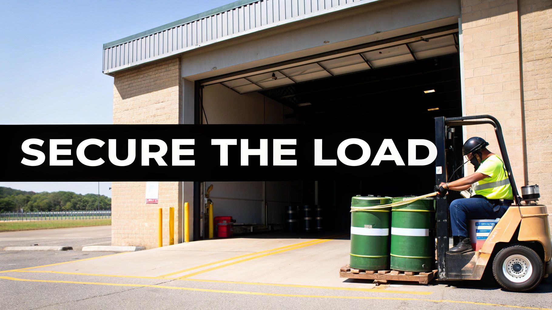 A warehouse worker carefully securing hazardous material drums onto a pallet before loading them onto a truck.