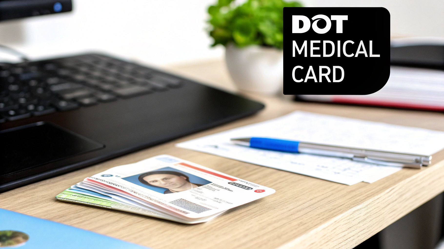A stack of DOT medical cards and a laptop on a wooden desk with a pen and paper.