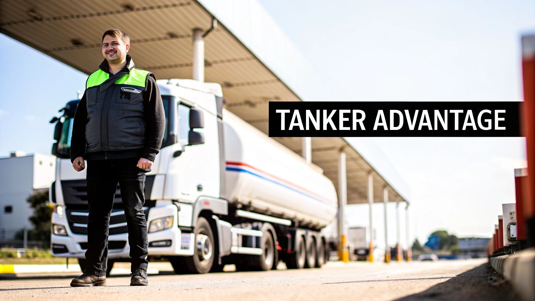 A smiling man in a reflective vest stands proudly beside a white tanker truck at a truck stop, with text 'TANKER ADVANTAGE'.