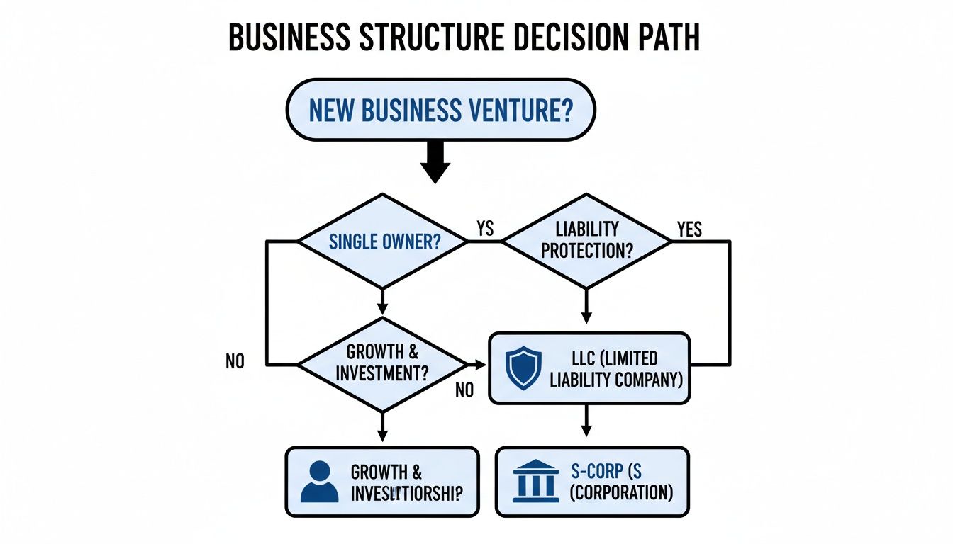 Flowchart illustrating a business structure decision path, guiding choices like LLC, S-Corp, and partnerships.