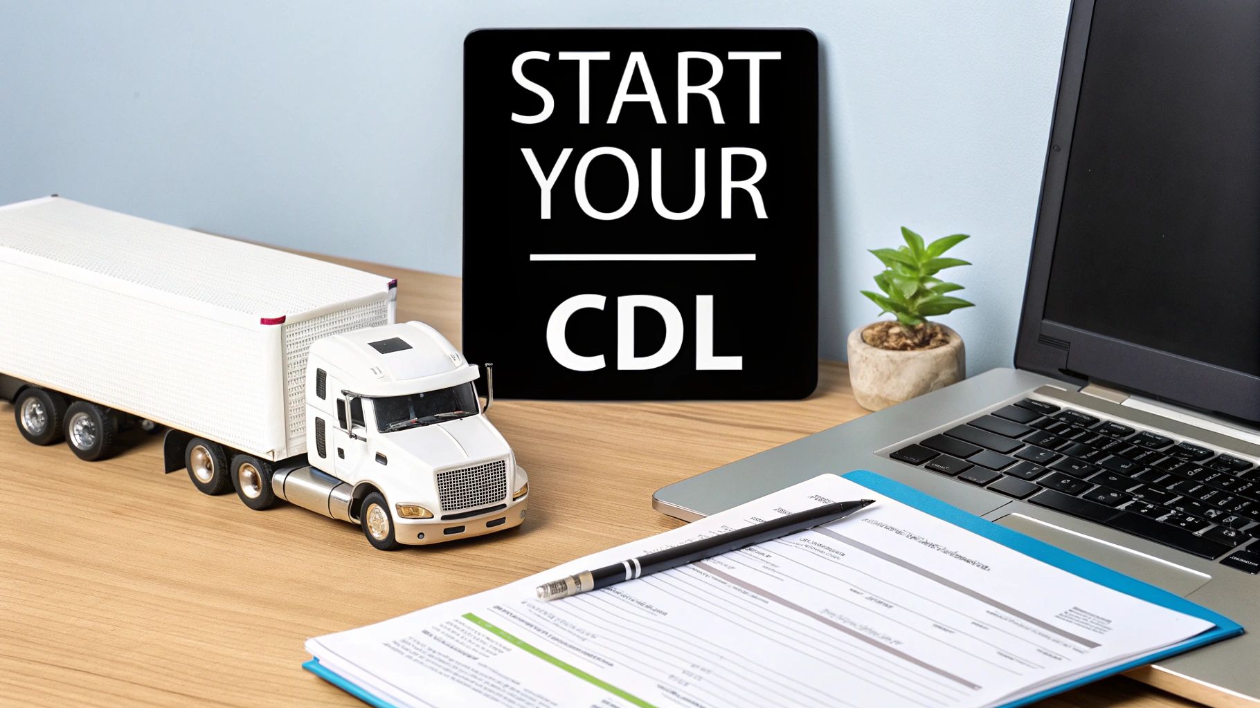 Desk setup with a toy semi-truck, laptop, documents, and a sign saying 'Start Your CDL'.