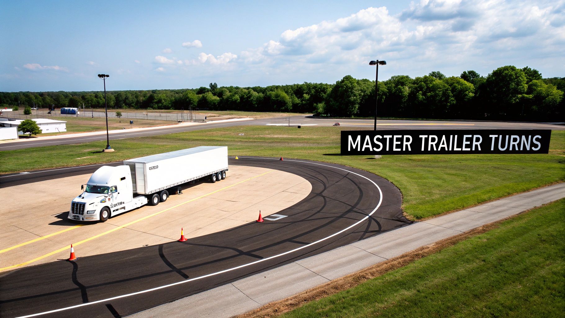 A semi-truck with a long trailer turning a corner on a city street, demonstrating the concept of off-tracking.
