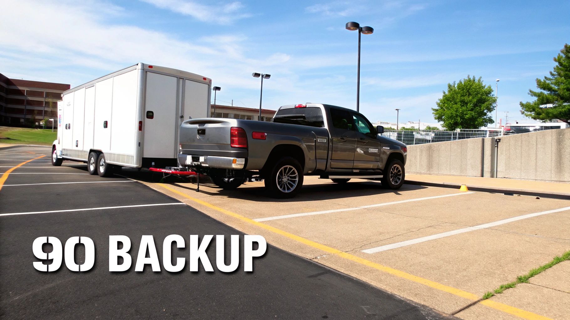 A spotter uses hand signals to guide a truck and trailer backing into a parking space.