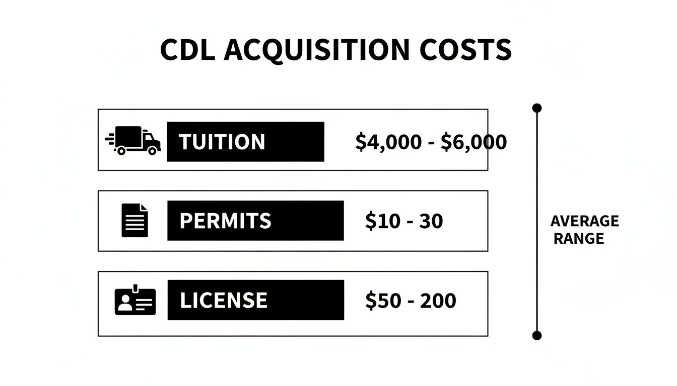 Infographic breaking down CDL acquisition costs including tuition, permits, and license fees, showing average ranges.