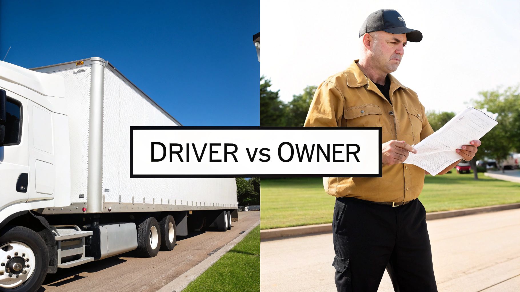 Split image showing a white semi-truck on one side and a man reviewing papers on the other, with 'DRIVER vs OWNER' text.