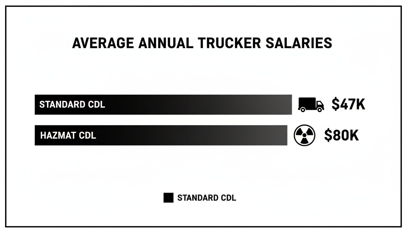Bar chart comparing average annual trucker salaries: $47K for Standard CDL and $80K for Hazmat CDL.