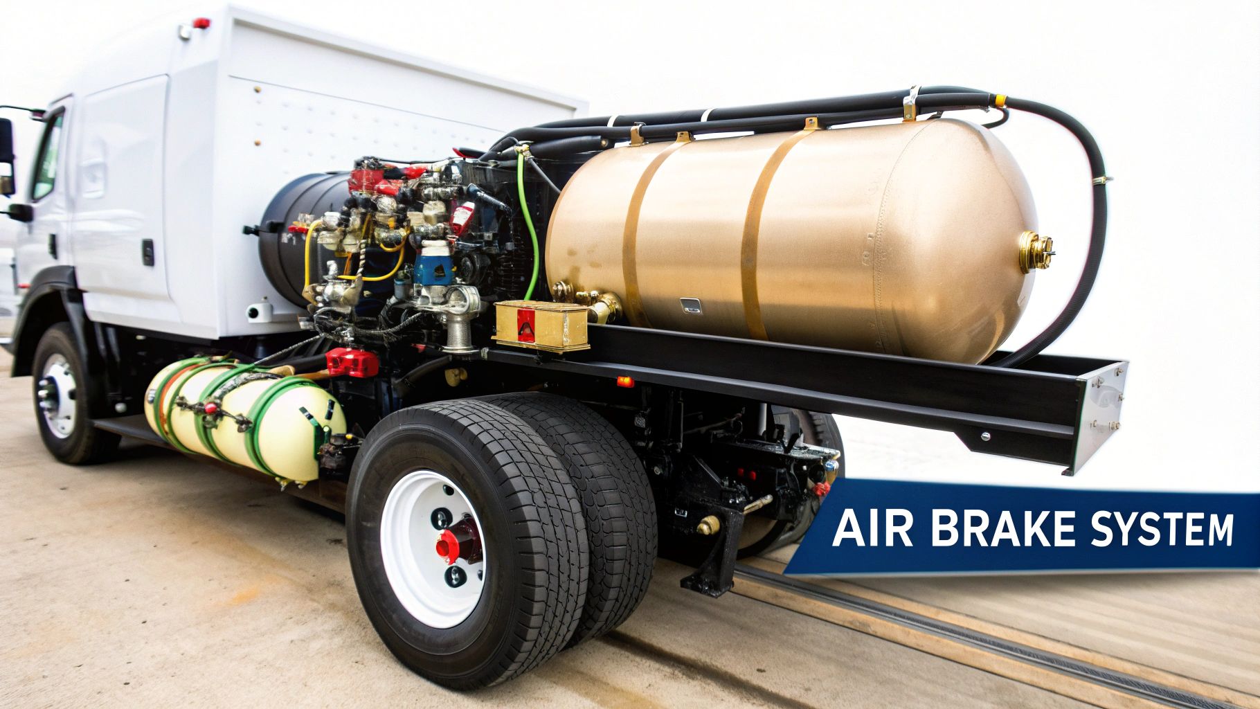 Diagram showing the main components of a truck's air brake system.