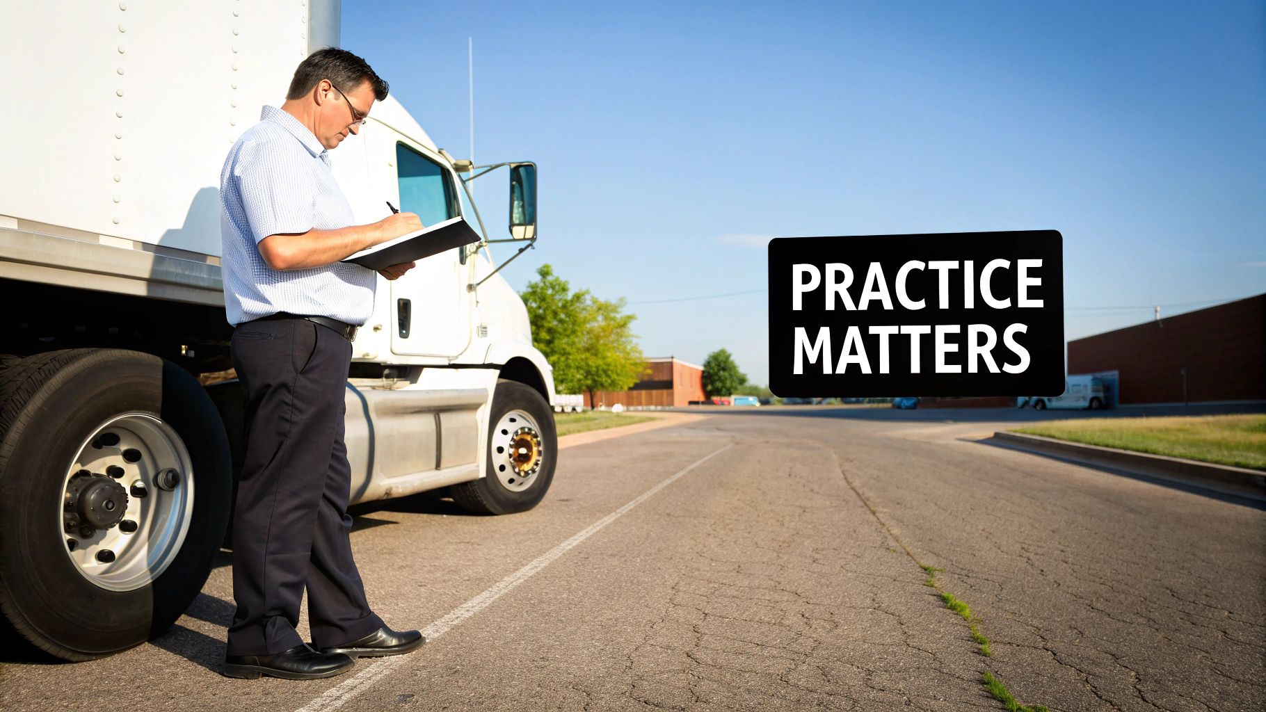 Professional driver checking a semi-truck with a clipboard, emphasizing "PRACTICE MATTERS" for the air brake test.