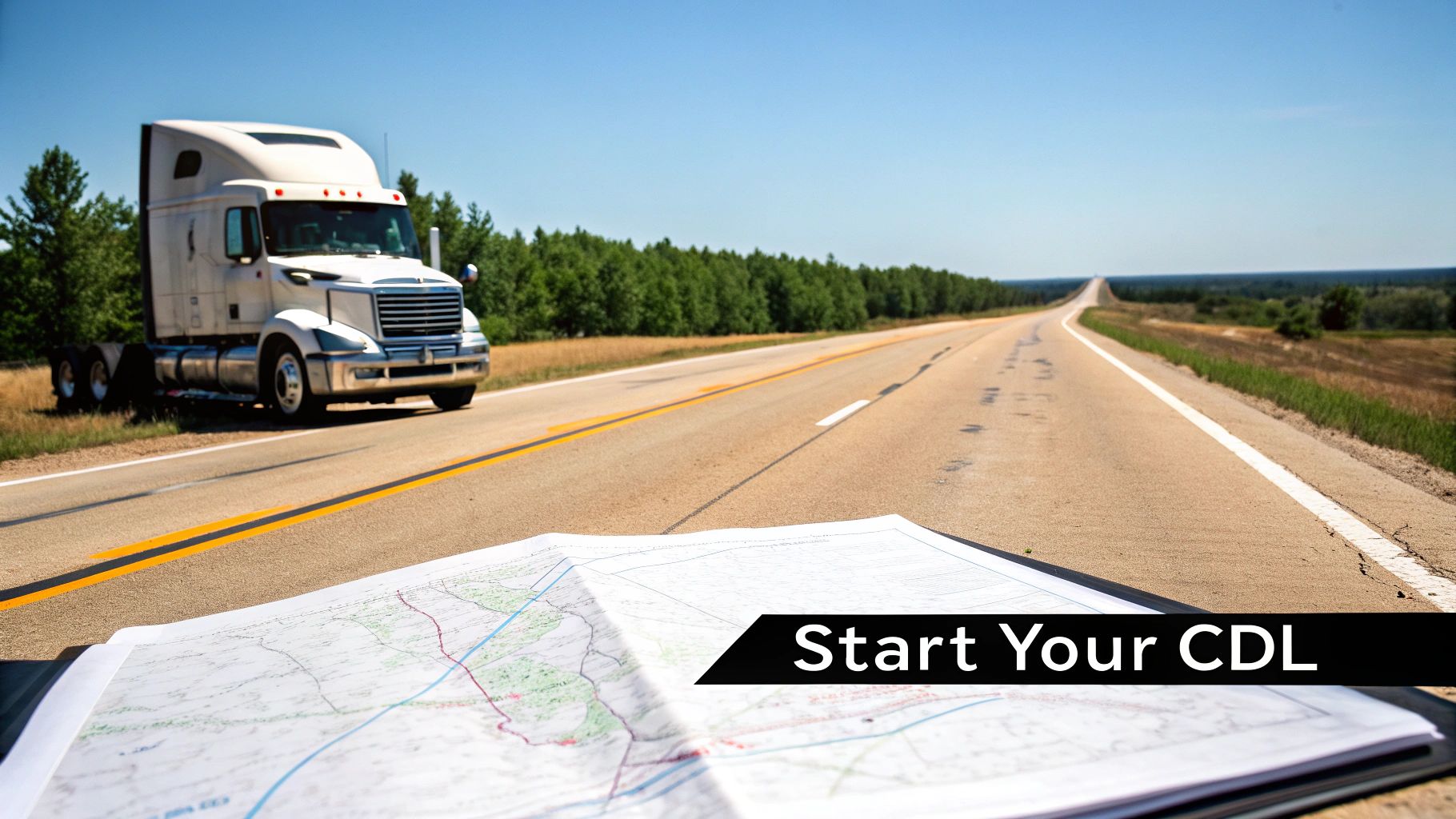 A commercial truck driving on an open highway at sunset, symbolizing a new career journey.