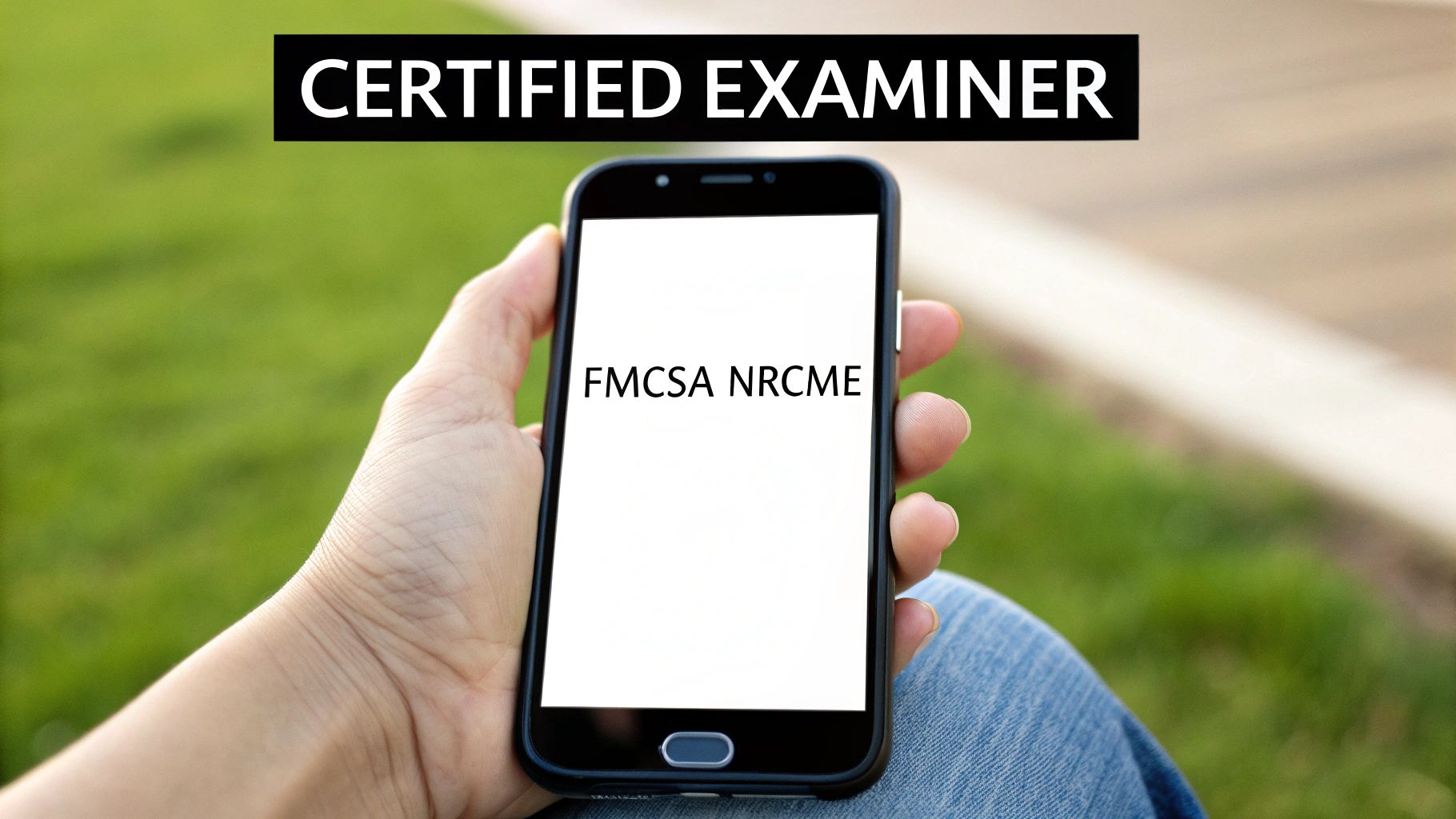 A hand holds a smartphone displaying 'FMCSA NRCME' with 'CERTIFIED EXAMINER' in a banner.