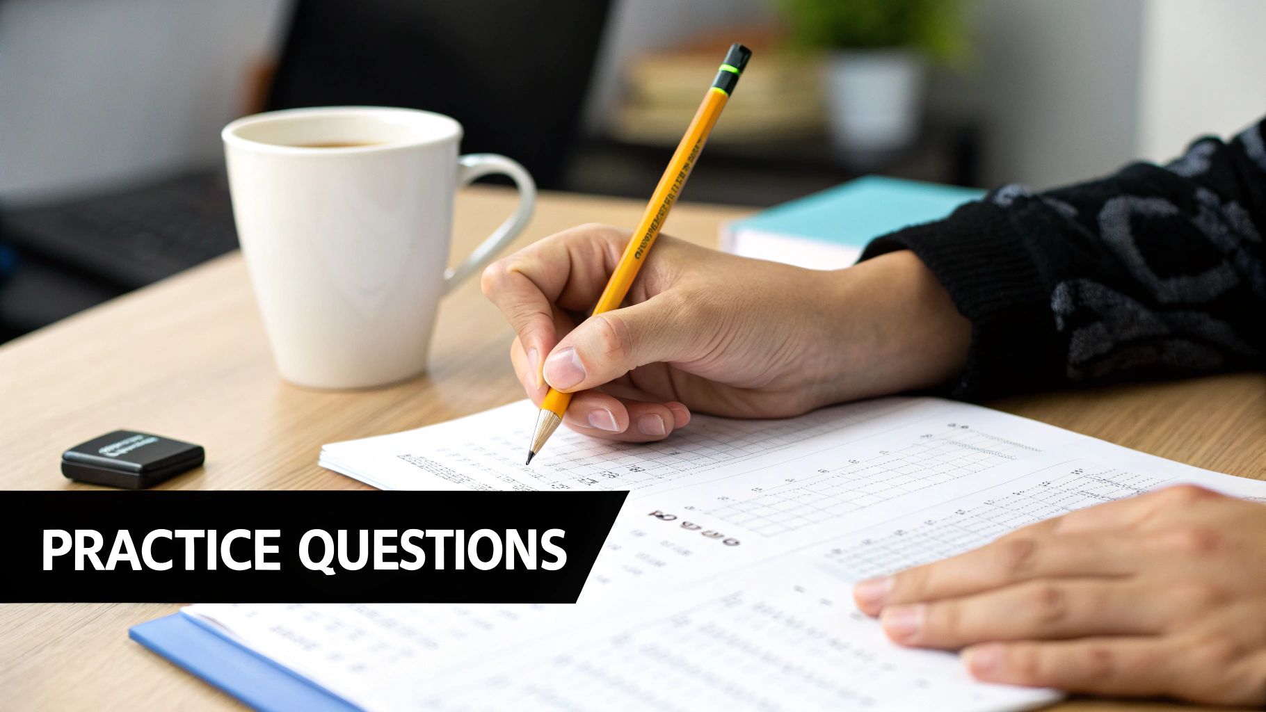 A person's hands holding a pencil, writing on a practice test paper with a coffee mug.