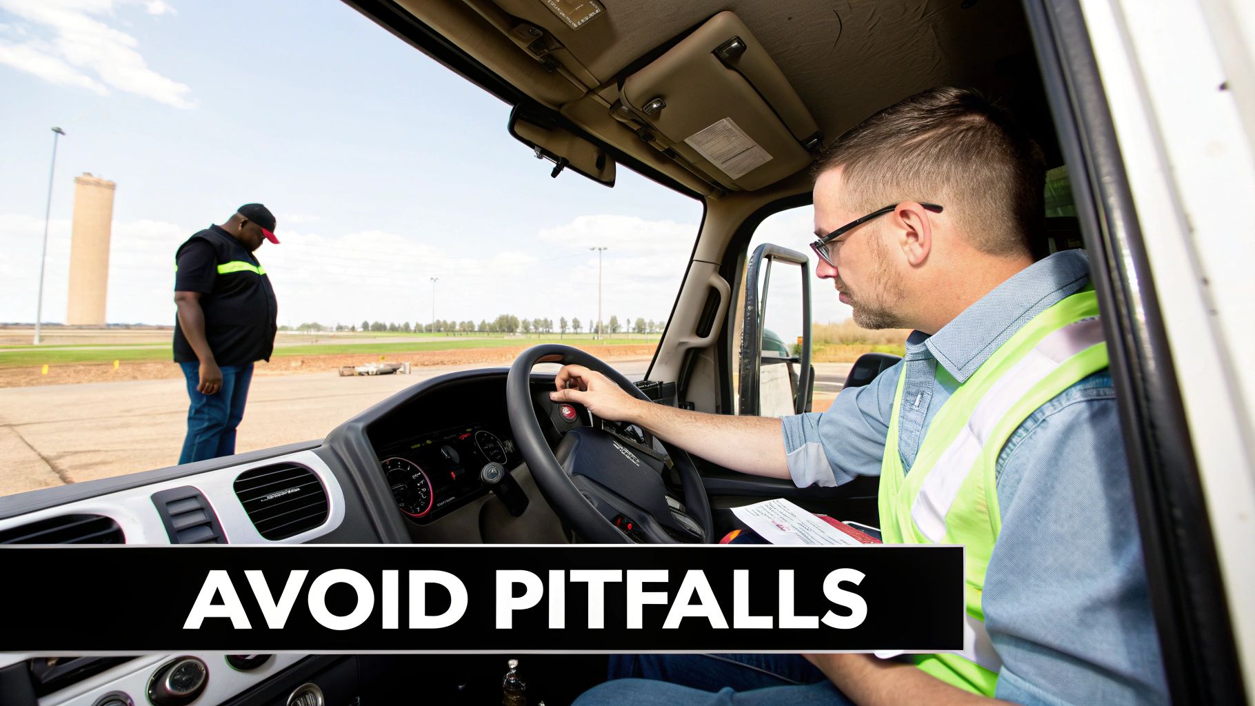 A truck driver looks at air brake gauges with a slightly concerned expression.