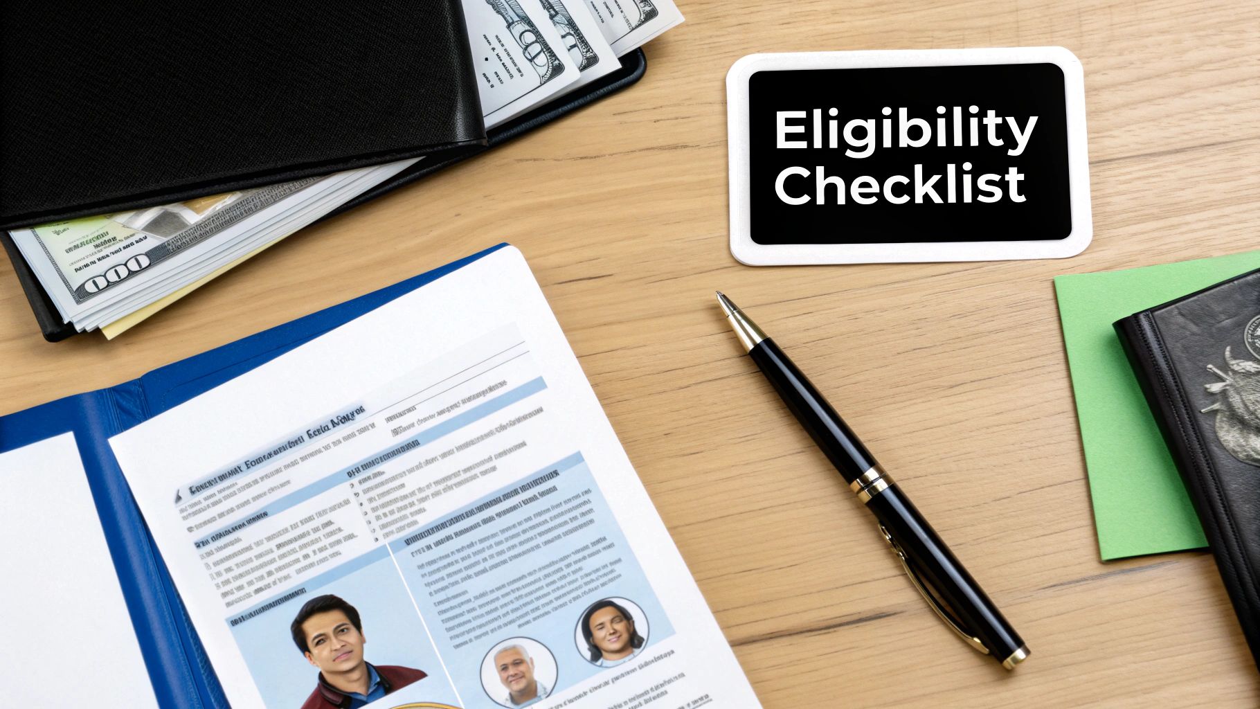 A wooden desk with a wallet, cash, documents, a pen, and an 'Eligibility Checklist' sign.