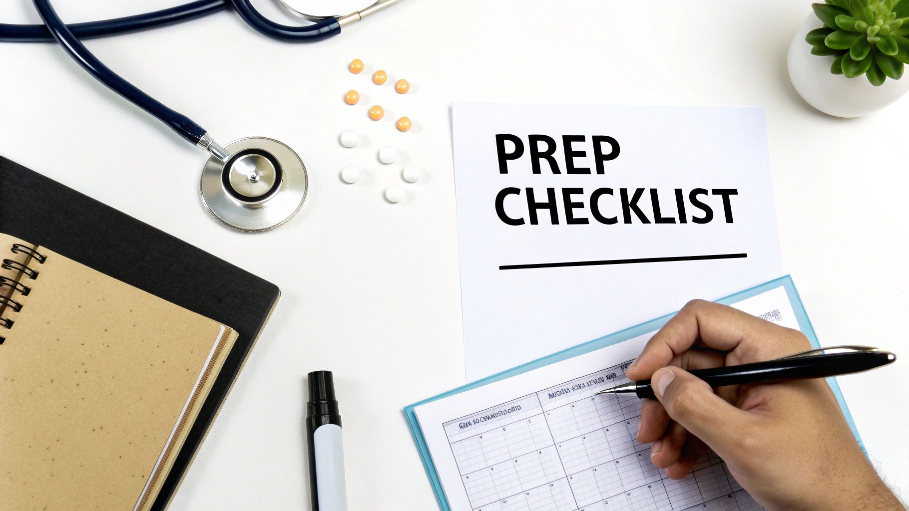Overhead shot of a desk with a 'PREP CHECKLIST' document, stethoscope, pills, and a hand writing on a planner.