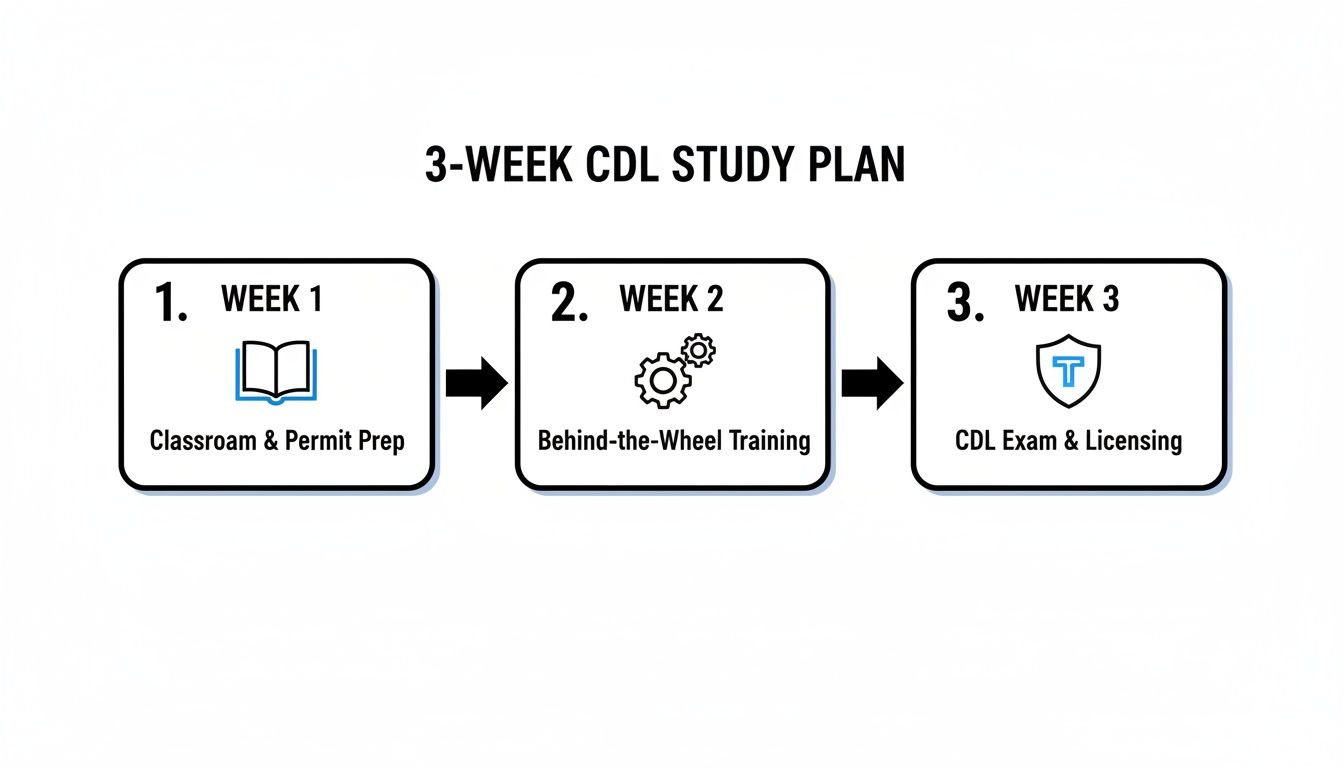 A 3-week CDL study plan with steps for classroom prep, behind-the-wheel training, and CDL exam.