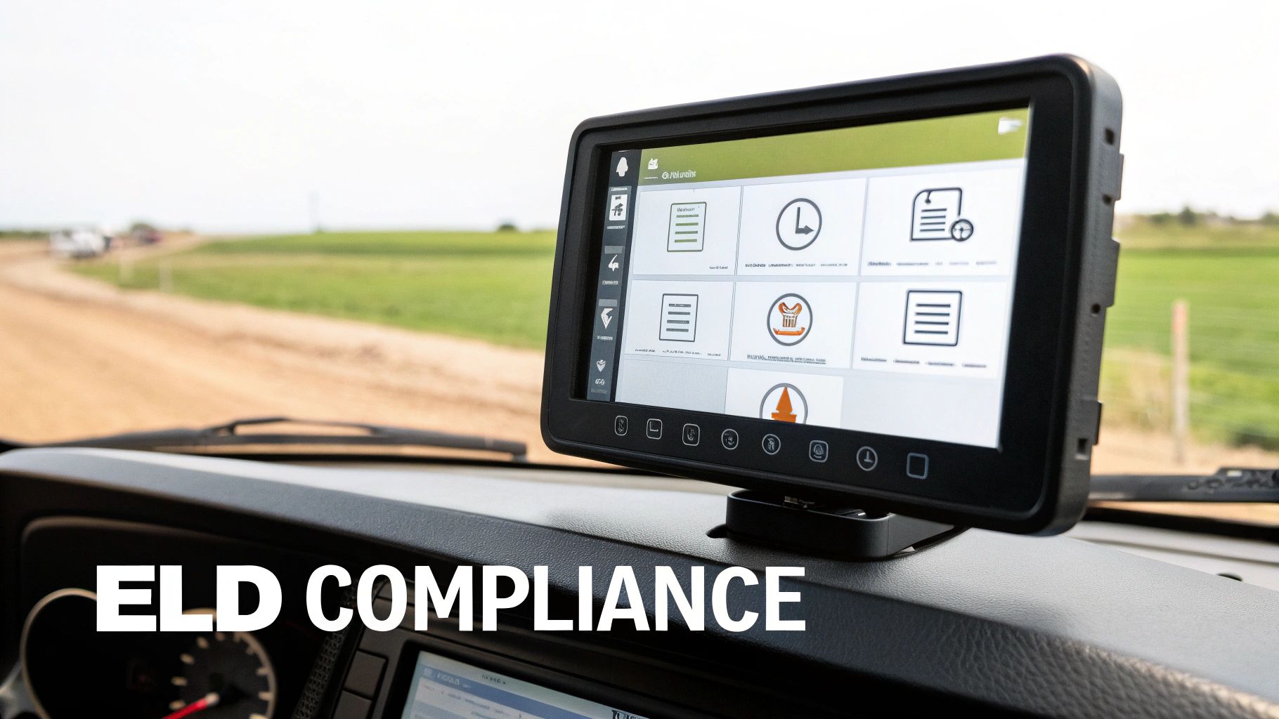 A truck driver using an Electronic Logging Device (ELD) tablet inside their cab.