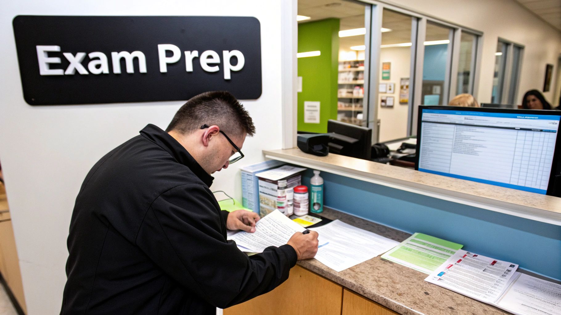 A checklist and pen next to a pair of glasses on a table, symbolizing preparation for a DOT physical exam.