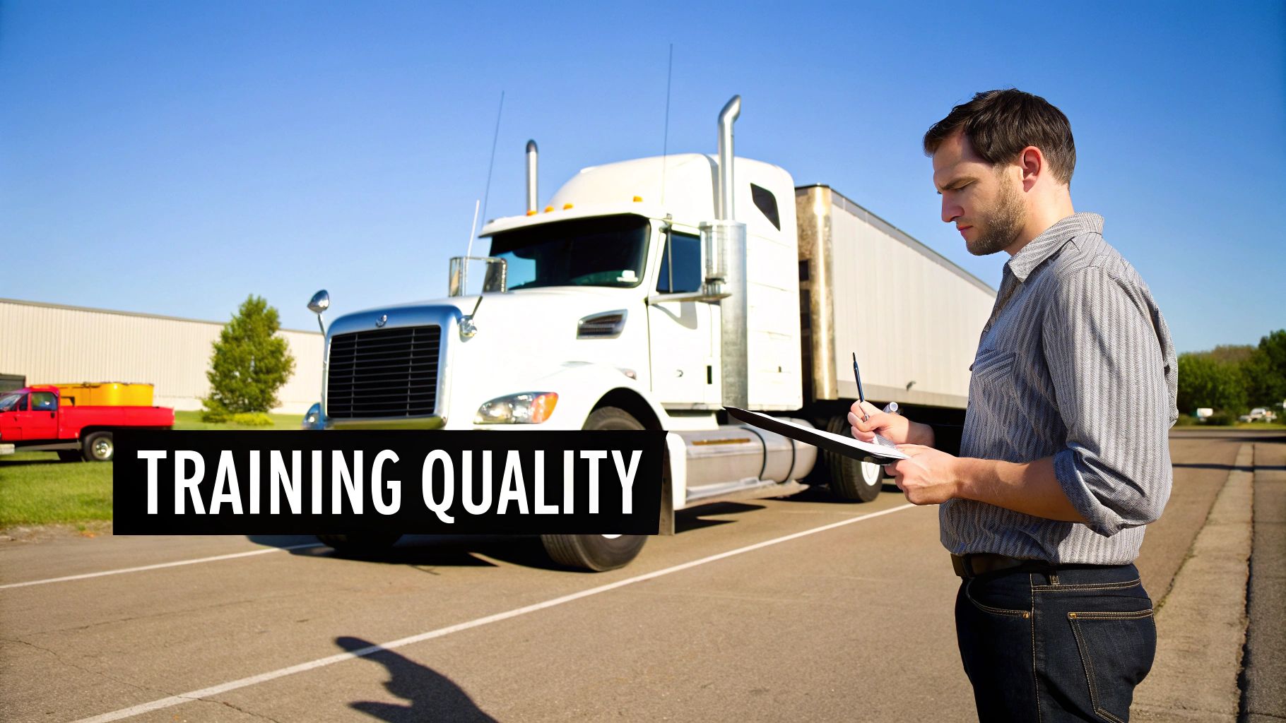 A man inspects a large white semi-truck, taking notes on a clipboard, representing training quality.