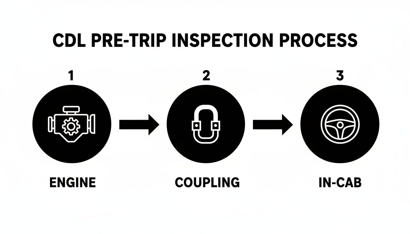 A diagram outlining the 3-step CDL pre-trip inspection process: Engine, Coupling, and In-Cab.