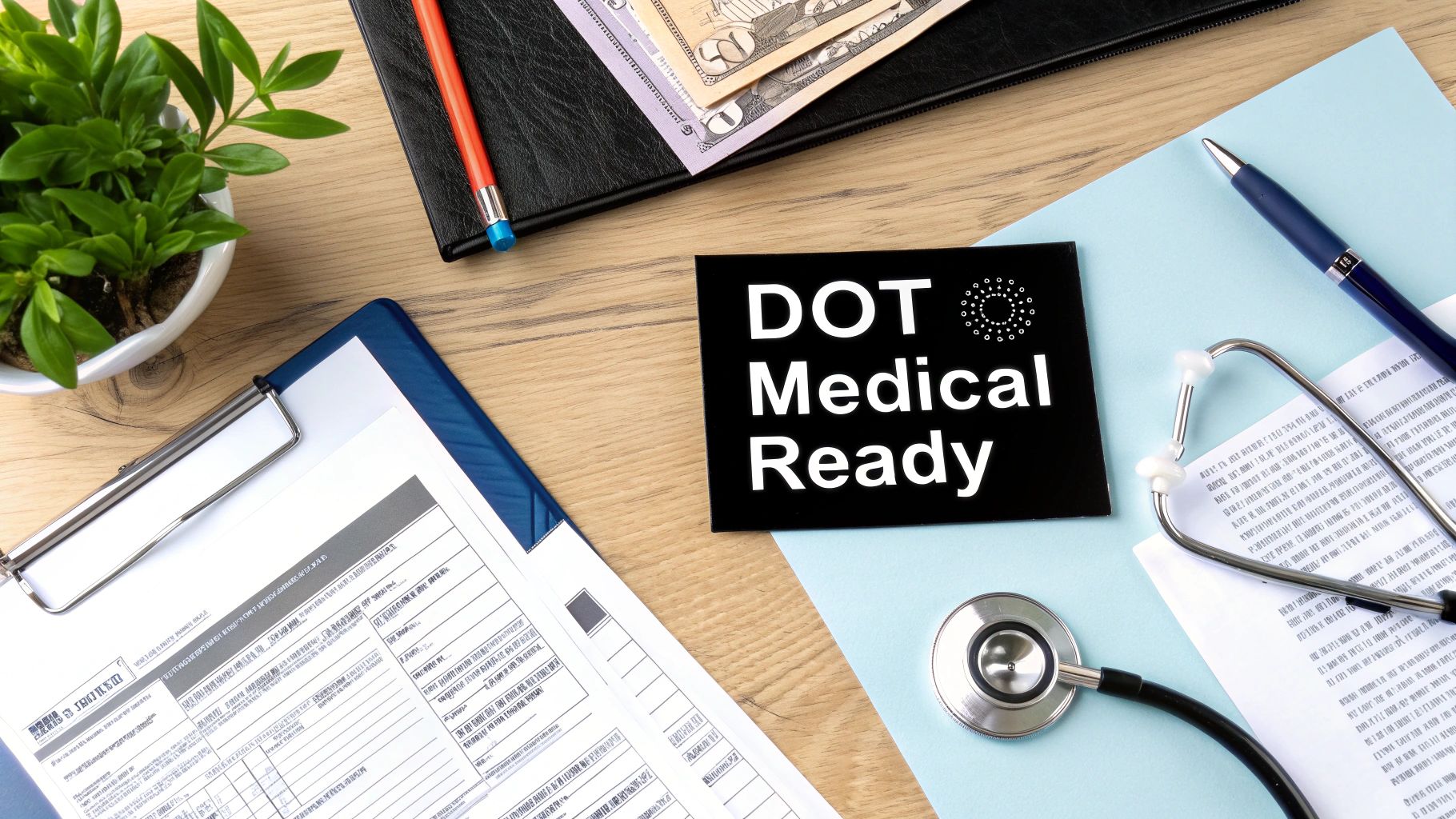 Overhead view of a desk with a 'DOT Medical Ready' card, stethoscope, and medical forms.