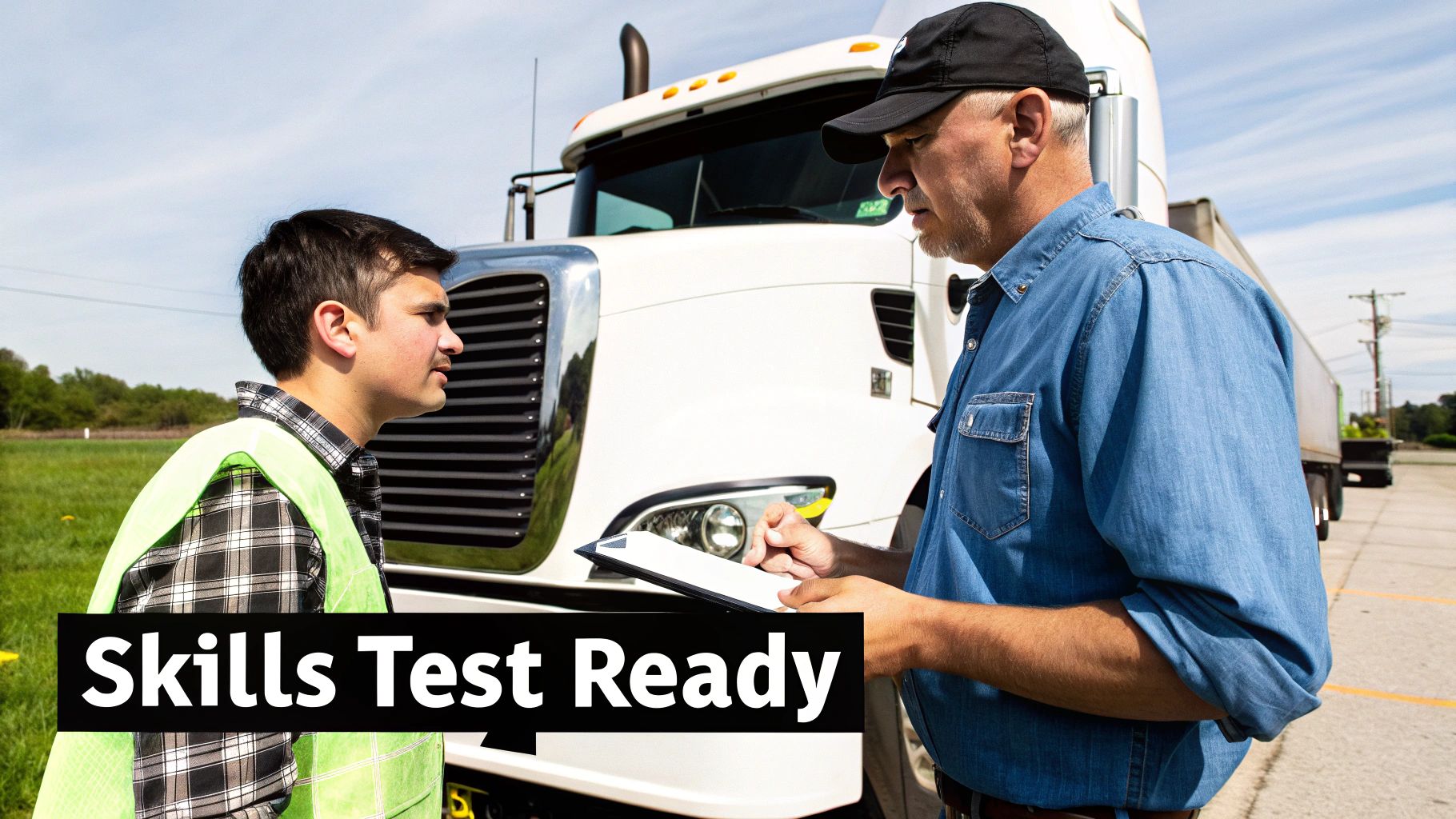 An instructor evaluates a student driver during a truck skills test with a semi-truck.