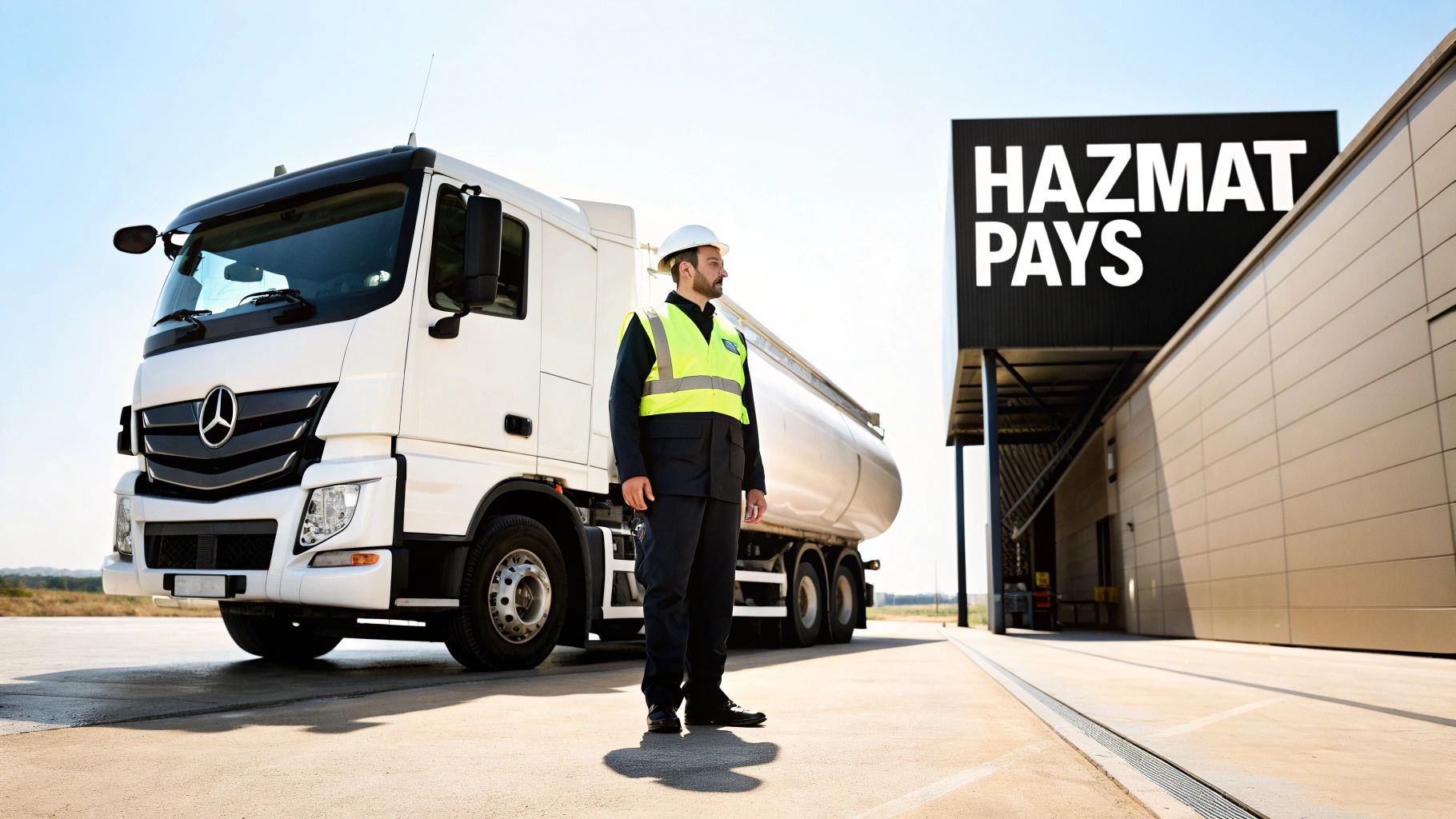 A hazmat truck driver in a hard hat and safety vest stands next to his tanker truck with a 'Hazmat Pays' sign in the background.