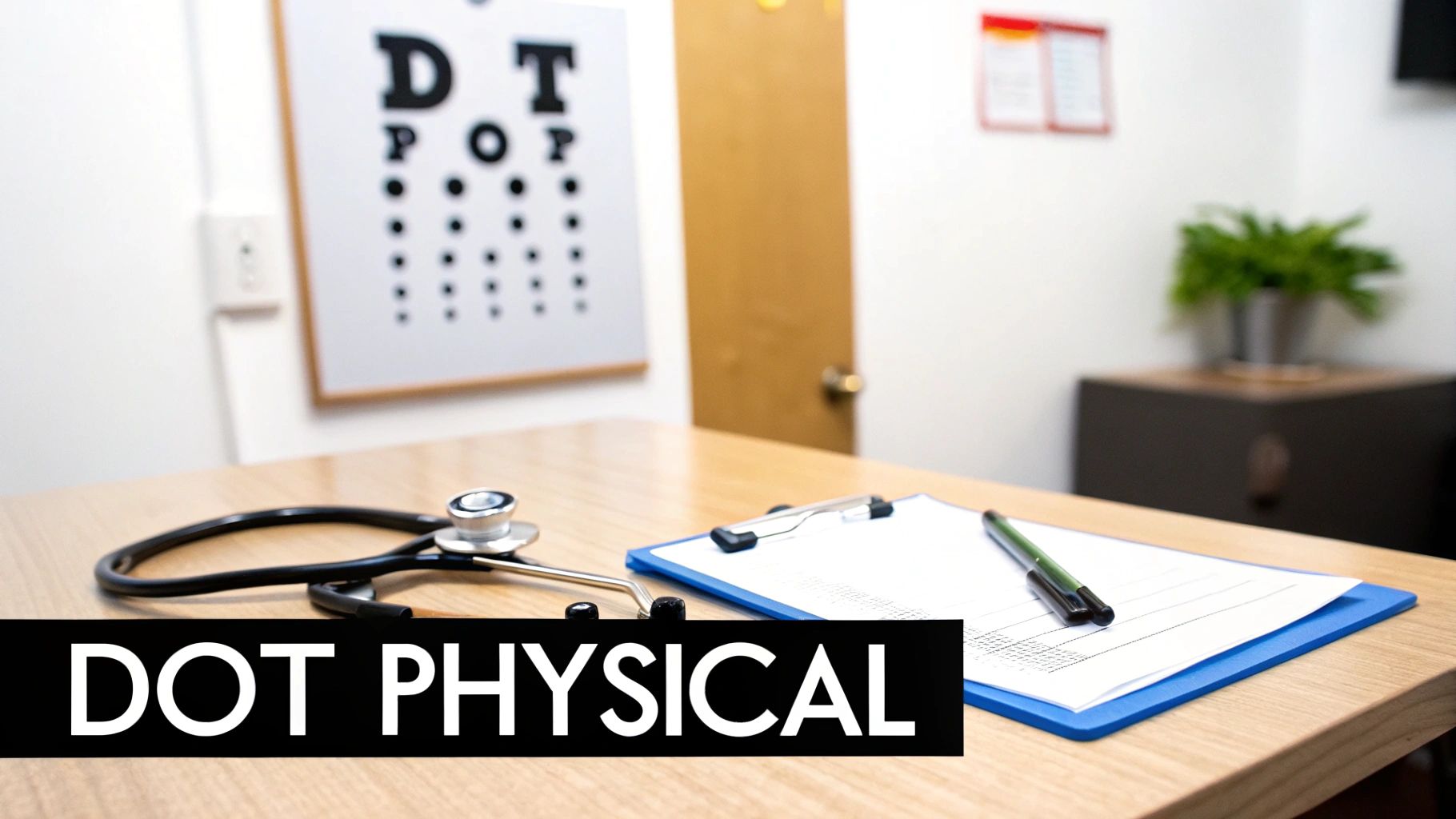 A doctor's office setup with a stethoscope, clipboard, and eye chart, featuring 'DOT PHYSICAL' text.
