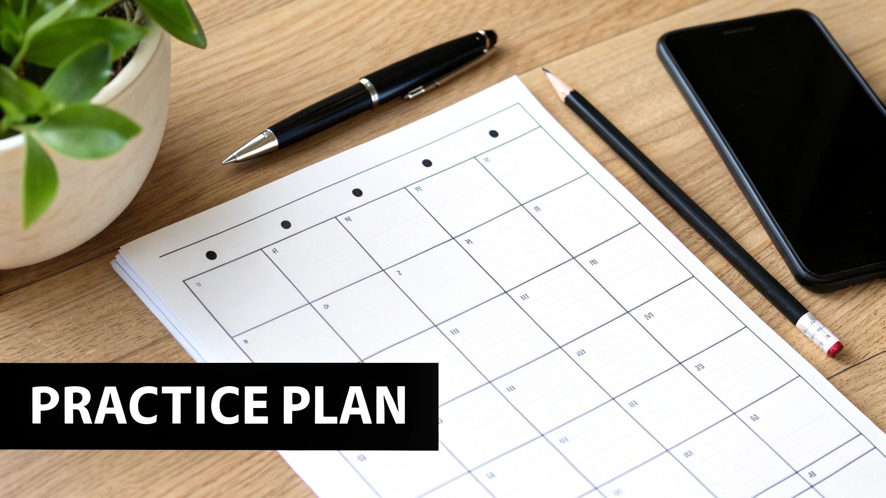 A 'PRACTICE PLAN' calendar on a wooden desk with a pen, pencil, plant, and phone.
