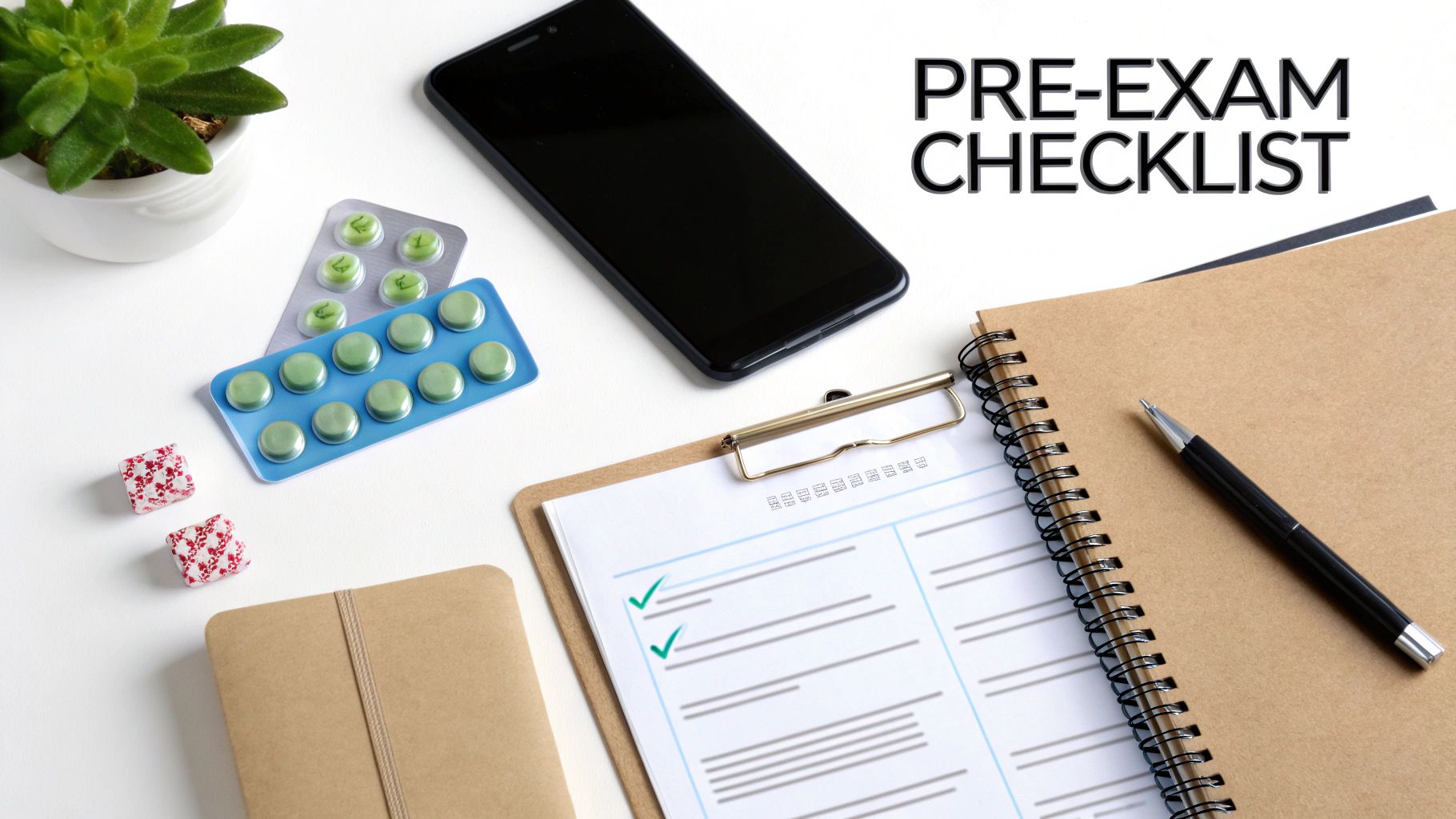 A flat lay of a pre-exam checklist on a clipboard with a phone, pills, and notebook on a white desk.