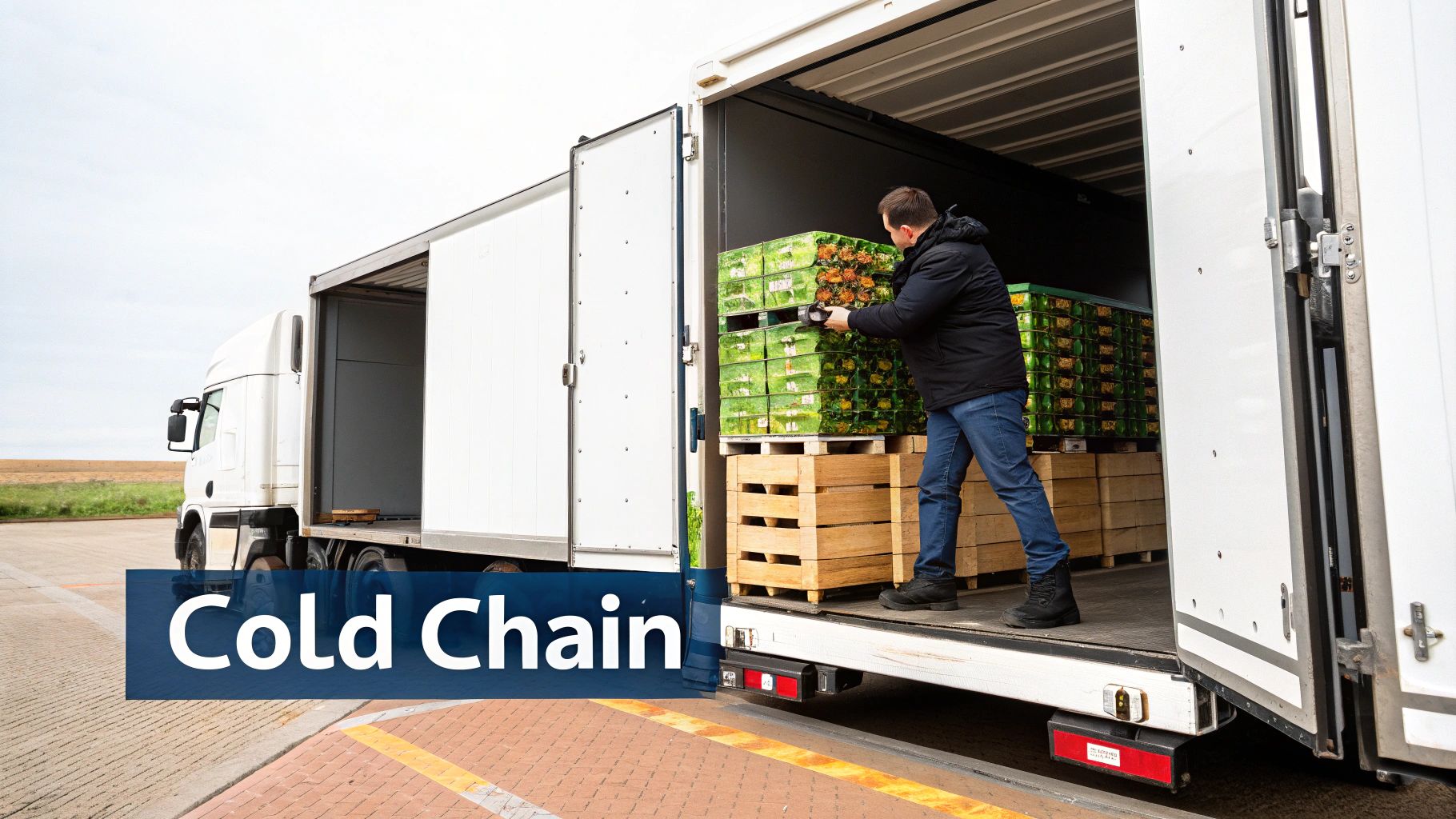 A worker loads fresh produce or flowers onto a refrigerated truck, illustrating cold chain transport.