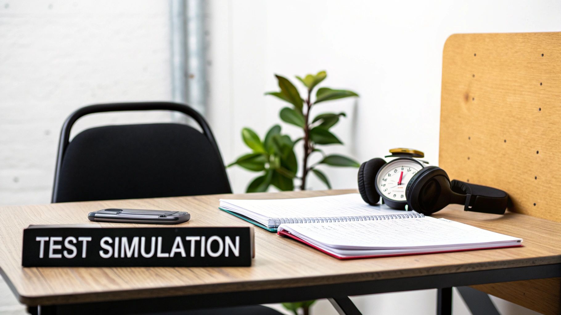 A desk with a 'Test Simulation' sign, notebooks, a phone, an alarm clock, and headphones.