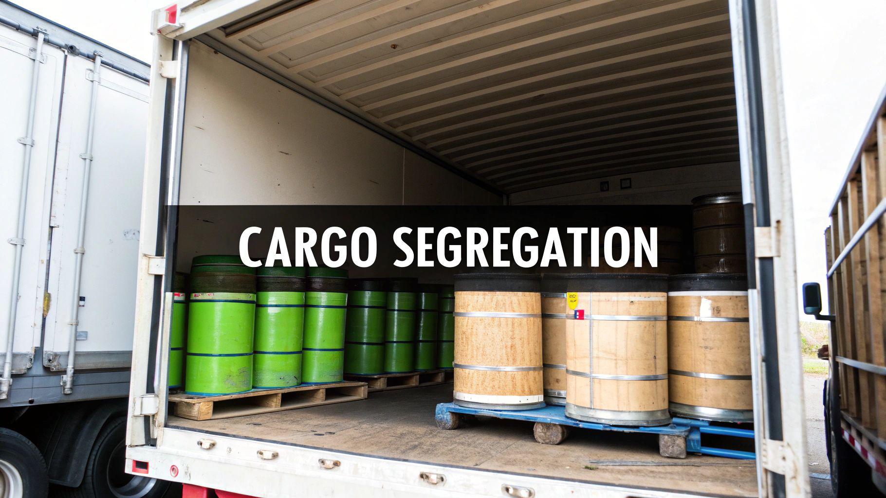 Two warehouse workers carefully loading barrels of hazardous materials into a commercial truck trailer.