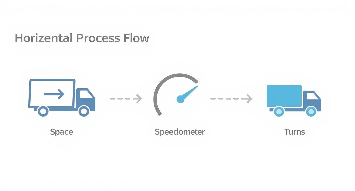 Infographic showing the process flow of vehicle control with icons for Space, Speed, and Turns.