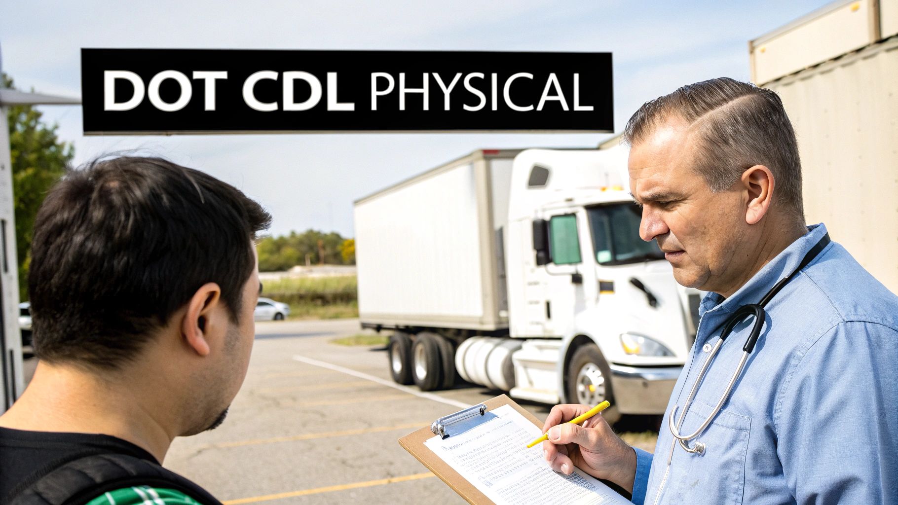 A doctor conducts a DOT CDL physical exam for a truck driver, writing on a clipboard.