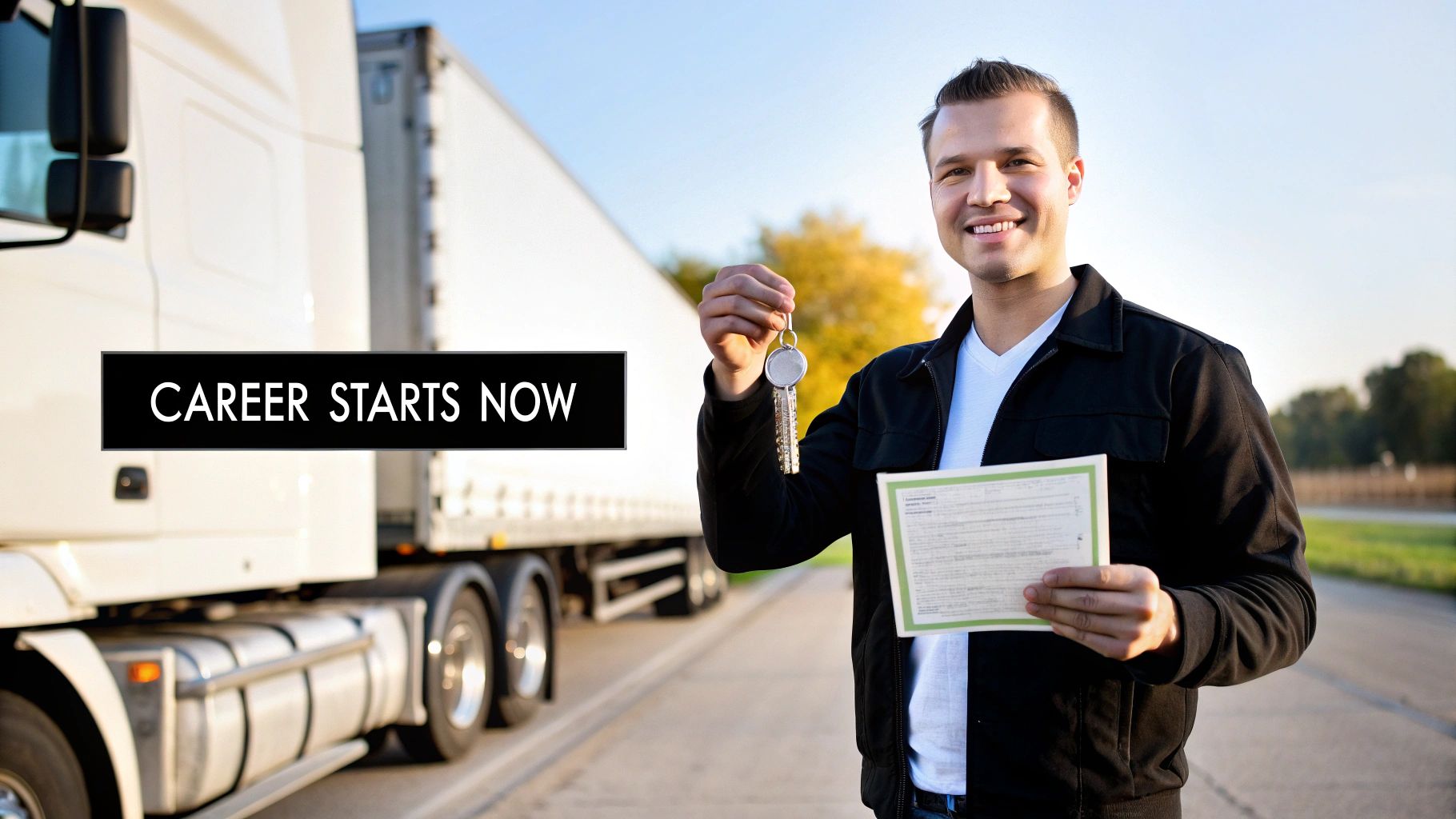 Smiling truck driver holding keys and certificate after completing CDL training program