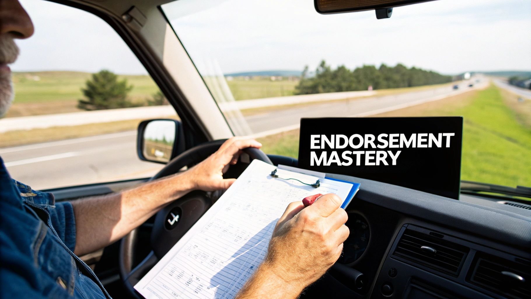 A commercial truck driving on a highway, symbolizing the career opportunities unlocked by by CDL endorsements.